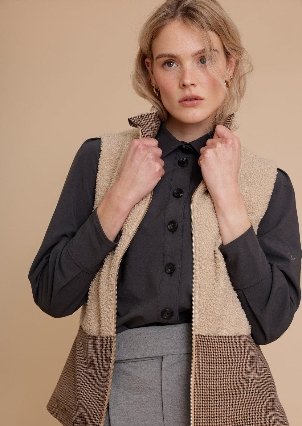 2-In-1 Teddy Jacket & Bodywarmer | Beige Houndstooth