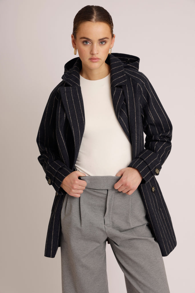 Waterproof A-Line Coat Wool - Navy Pinstripe