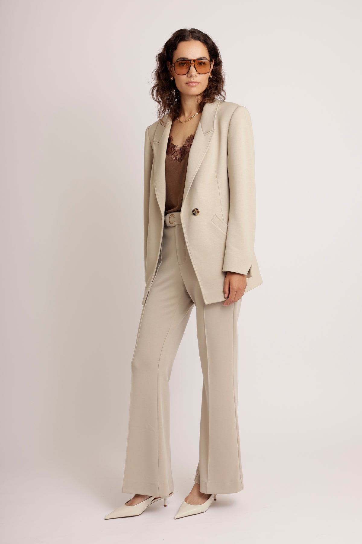 Wrinkle-Free Flared Stretchable Trousers | Beige
