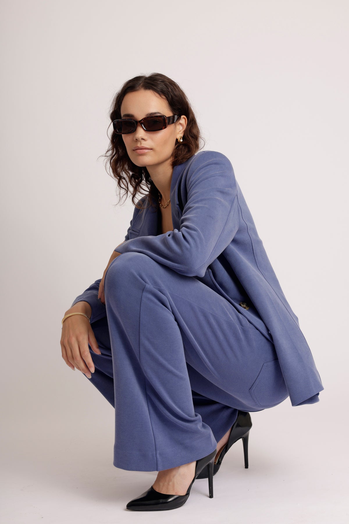 Wrinkle-Free Flared Stretchable Trousers | Mid-Blue