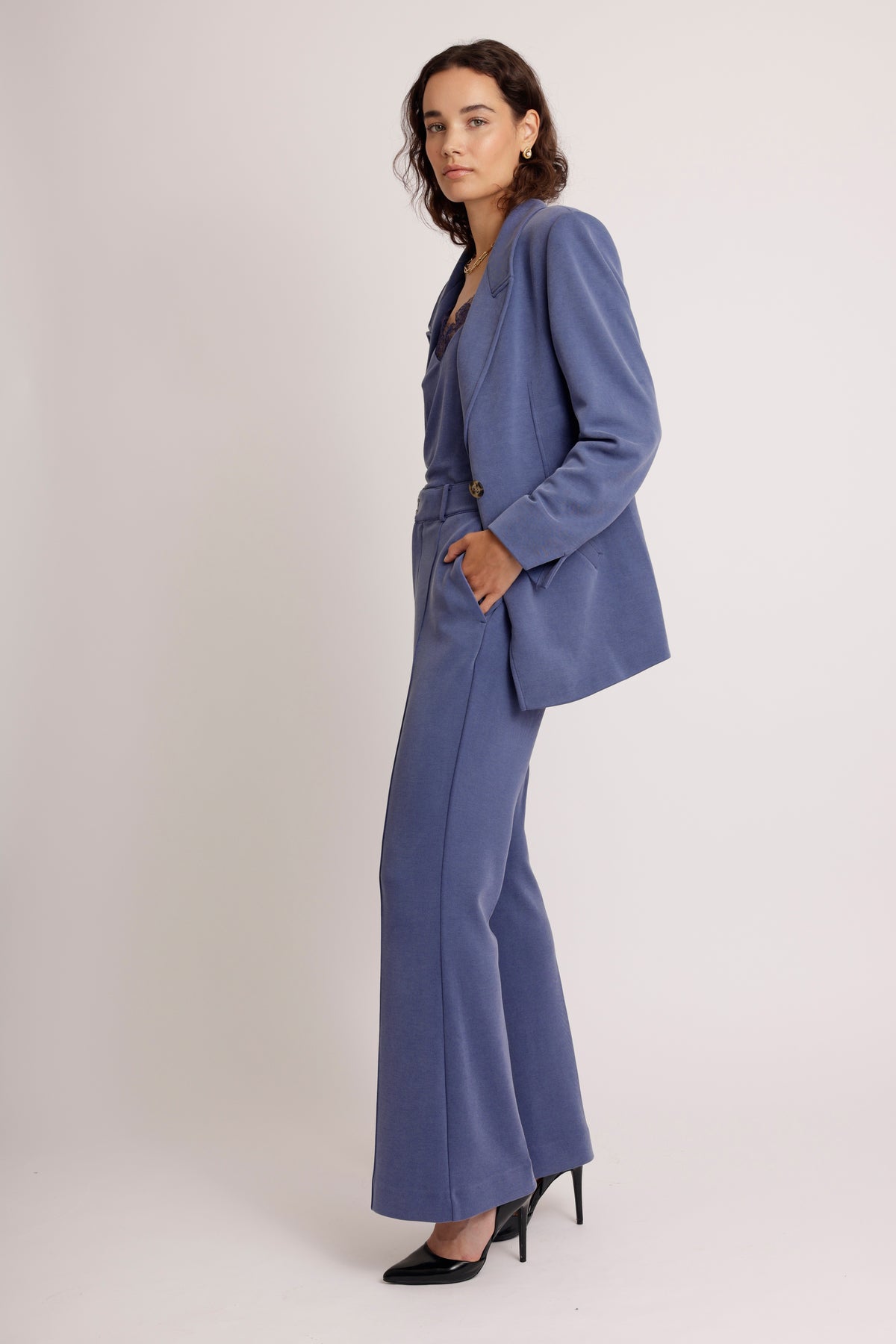 Wrinkle-Free Flared Stretchable Trousers | Mid-Blue