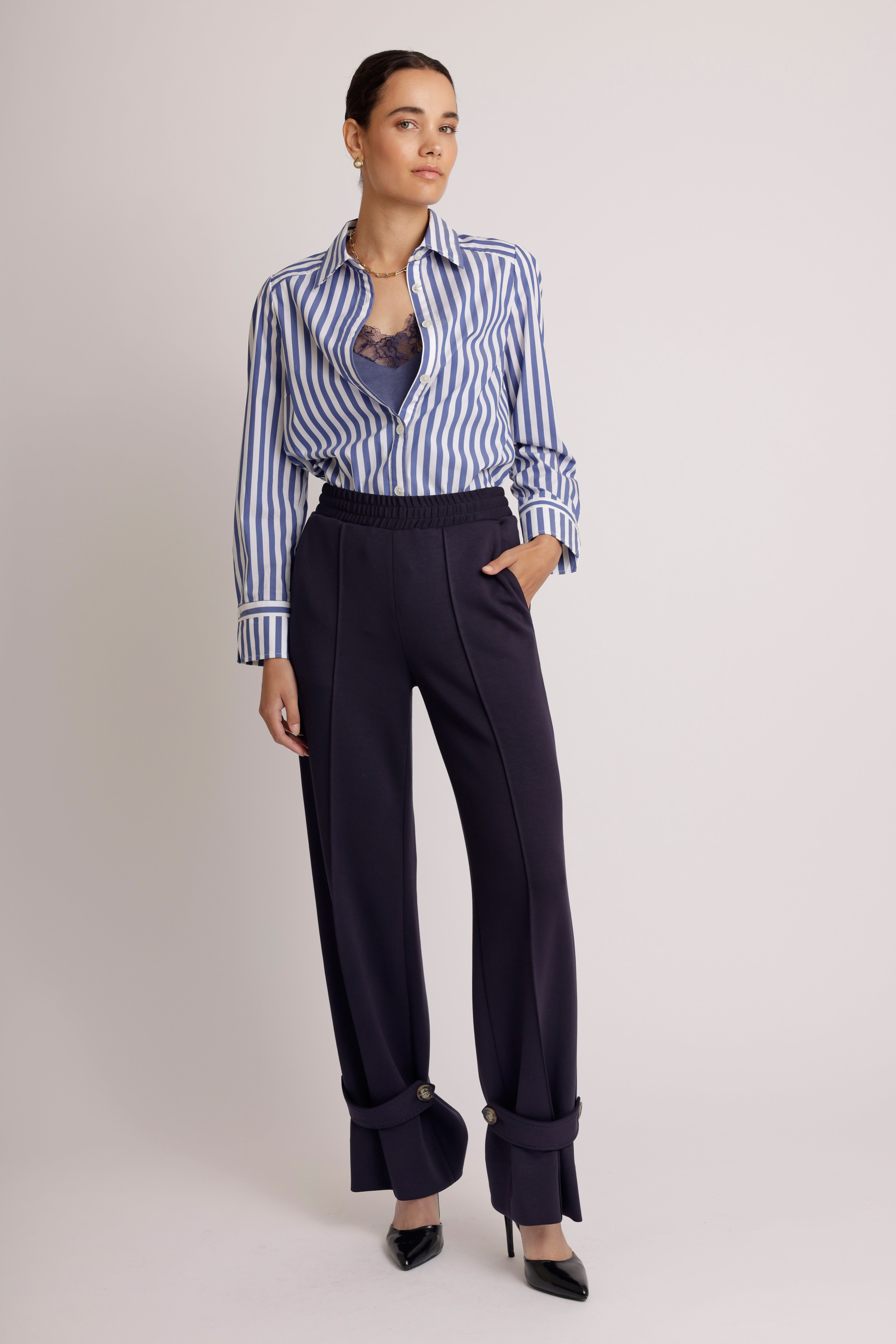 No-Iron Everyday Stretch Blouse | White-Blue Striped