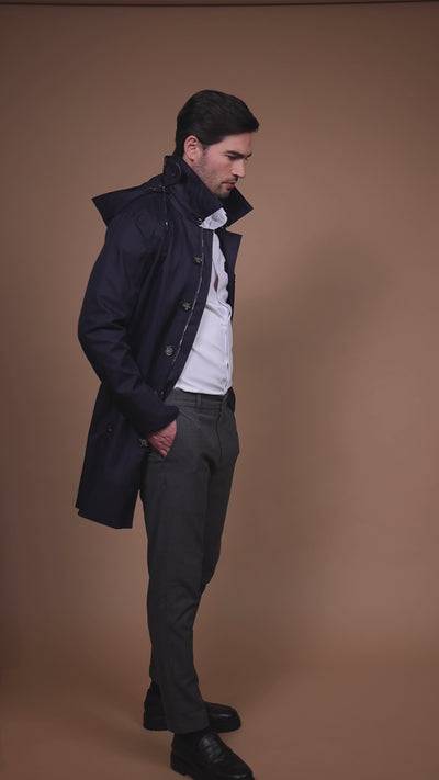 Waterdichte Straight Fit Trenchcoat | Navy Visgraat