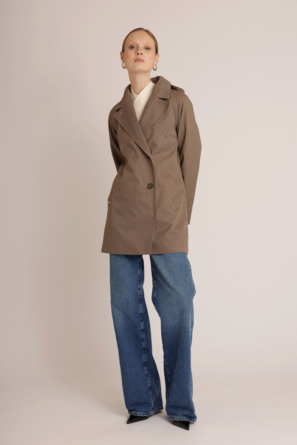 Waterproof Straight-Fit Short Trenchcoat  | Houndstooth Check