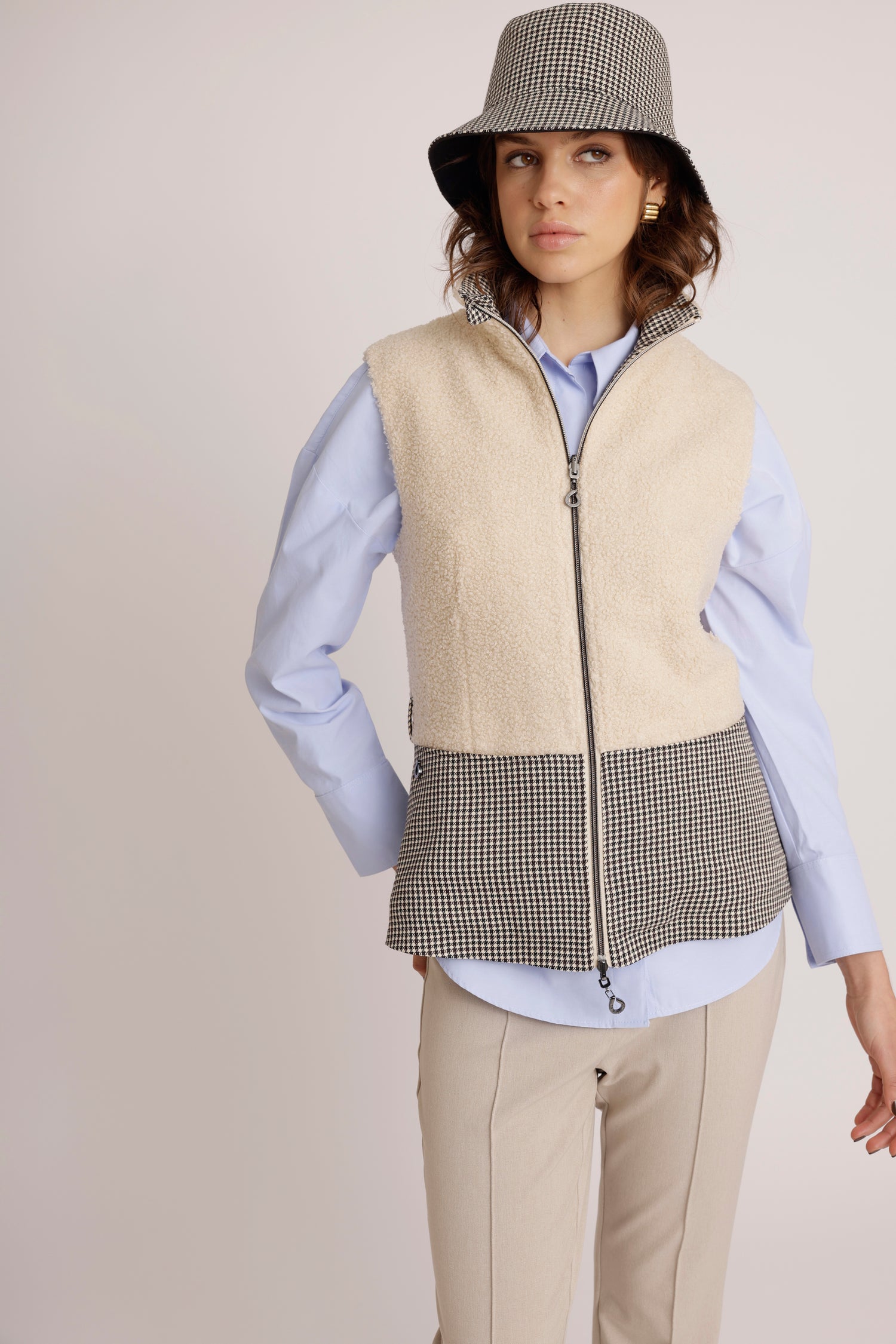 2-In-1 Teddy Jacket & Bodywarmer | Cream Houndstooth