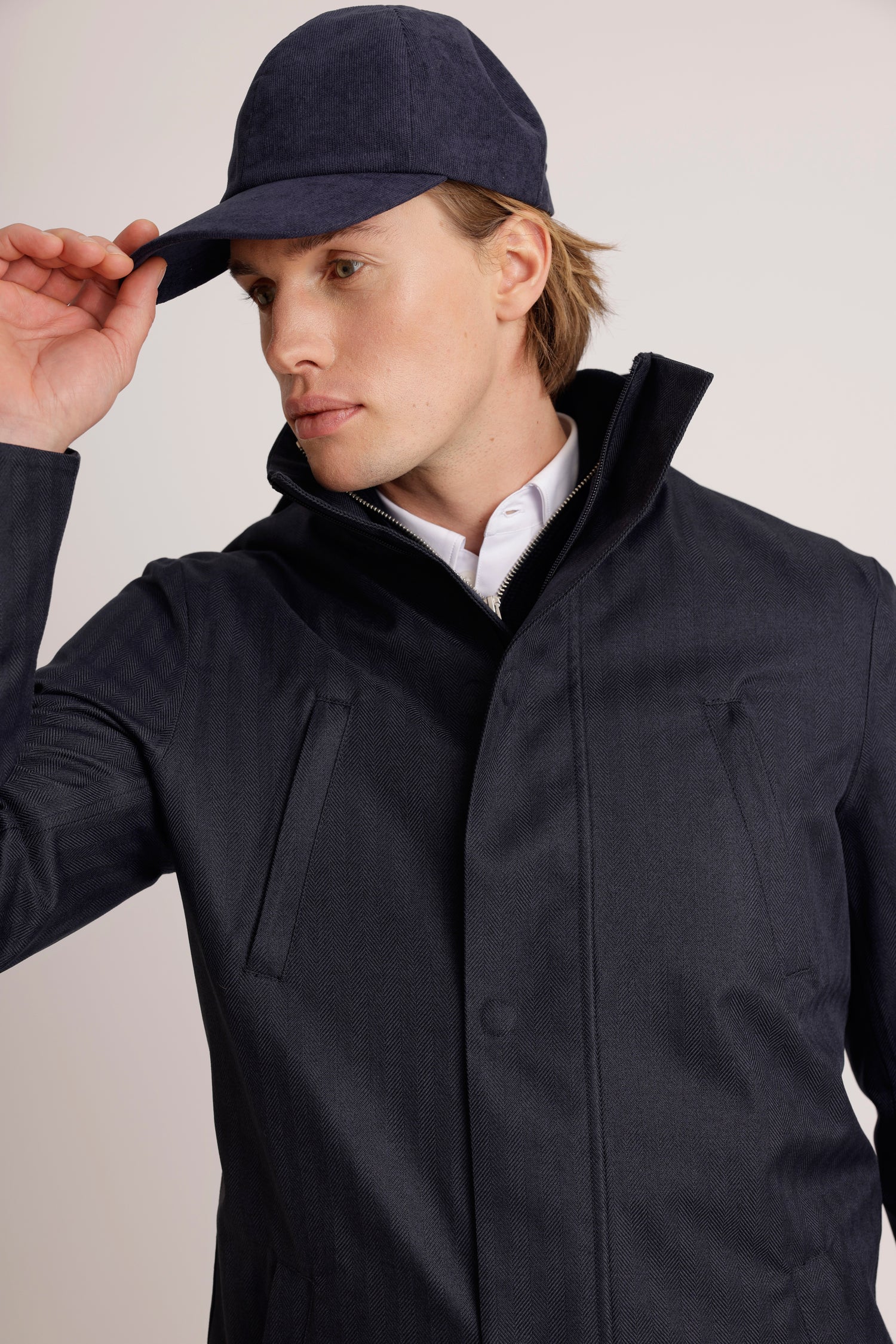 Waterproof Tailored Fit Parka  | Navy Herringbone