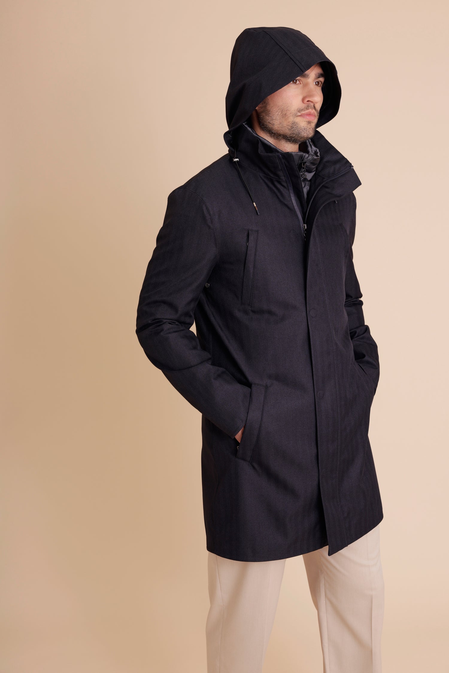 Waterproof Tailored Fit Parka  | Navy Herringbone