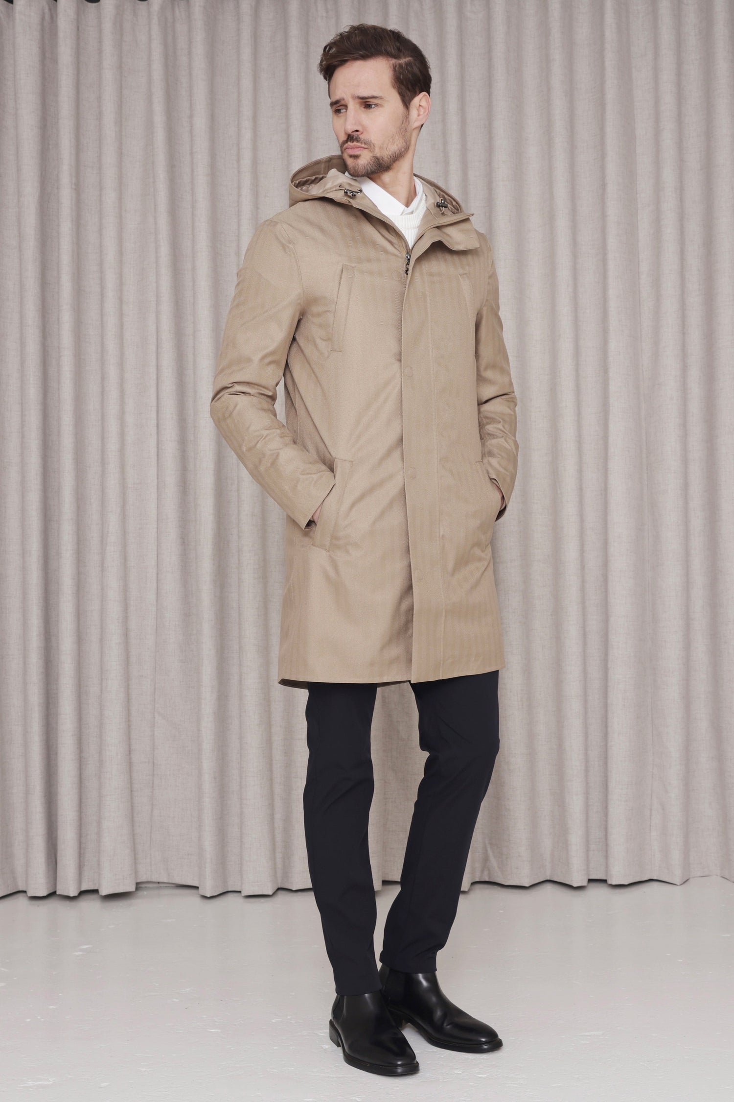 Waterproof Tailored Fit Parka  | Beige Herringbone