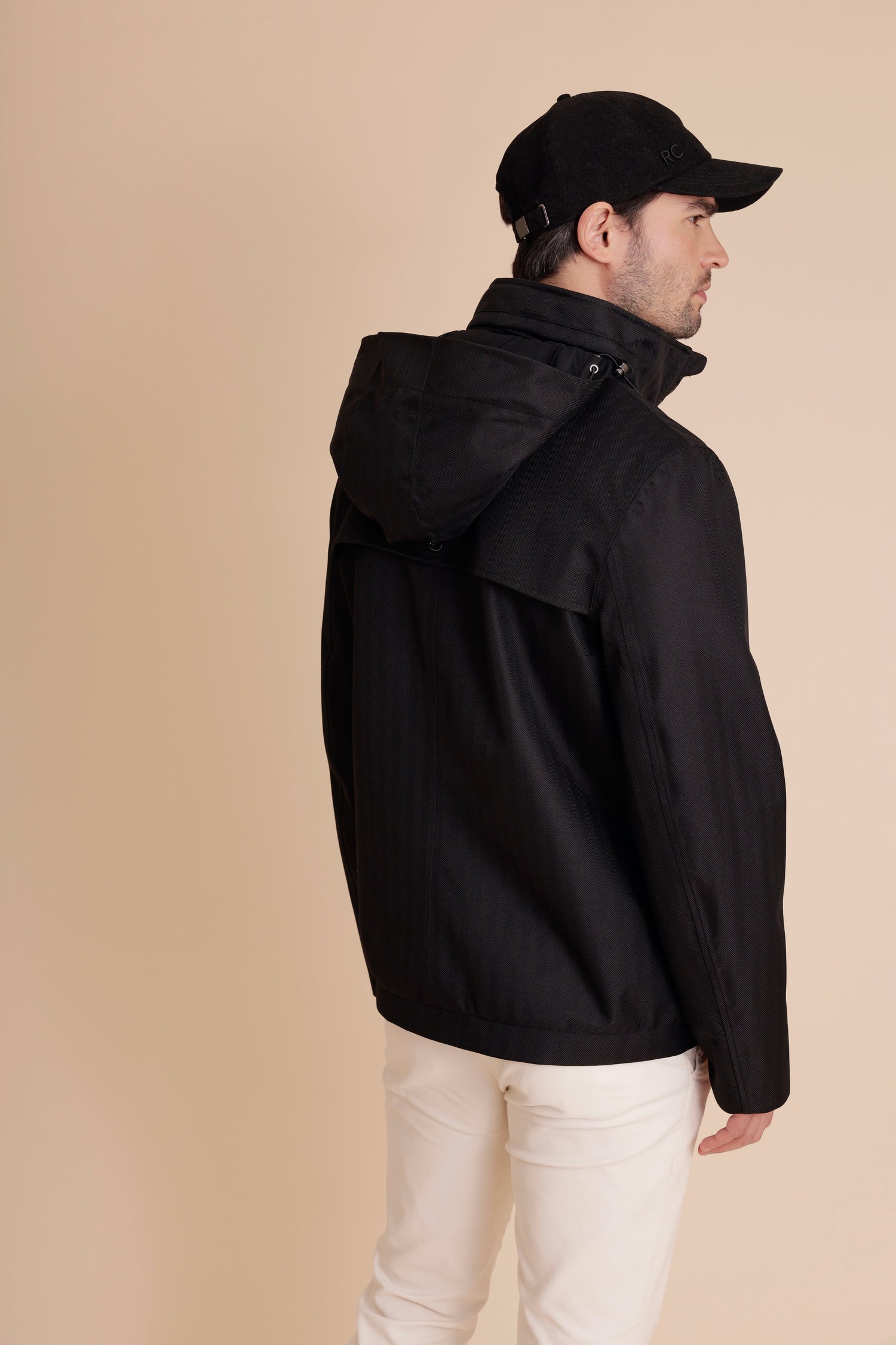 Waterproof Relaxed Fit Short Jacket  | Black Herringbone