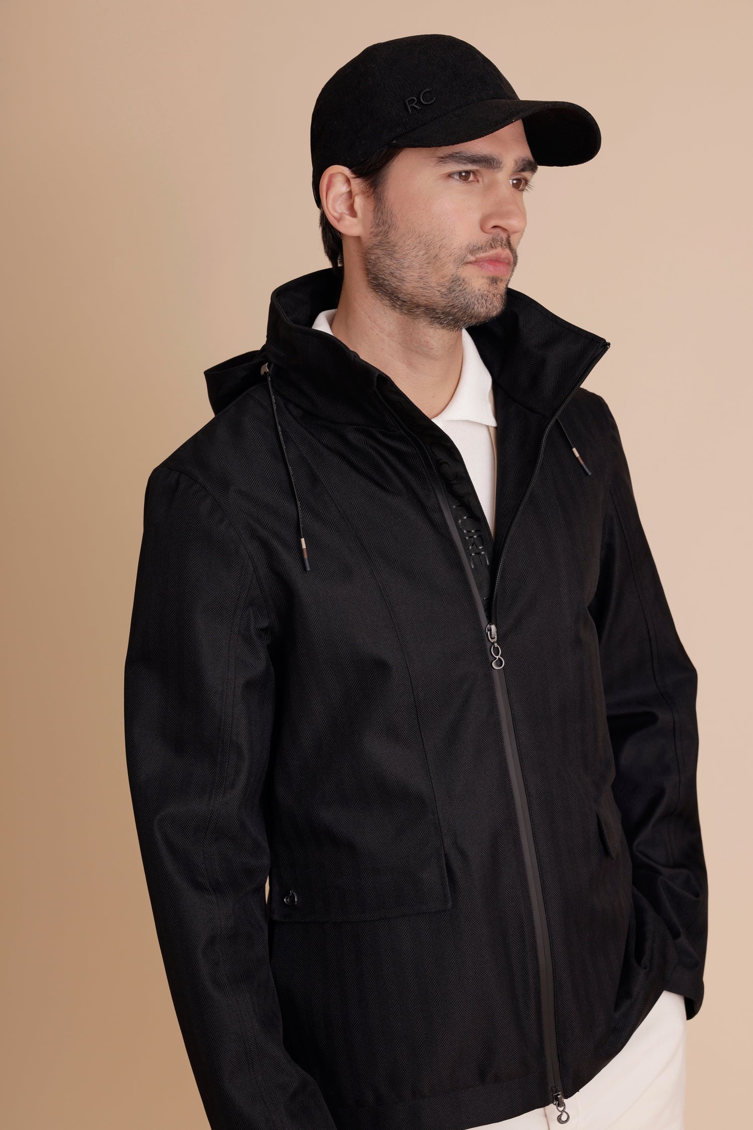 Waterproof Relaxed Fit Short Jacket  | Black Herringbone