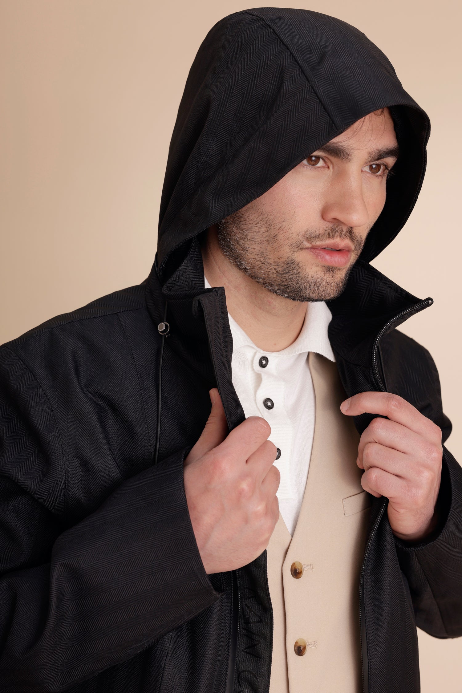 Waterproof Relaxed Fit Short Jacket  | Black Herringbone