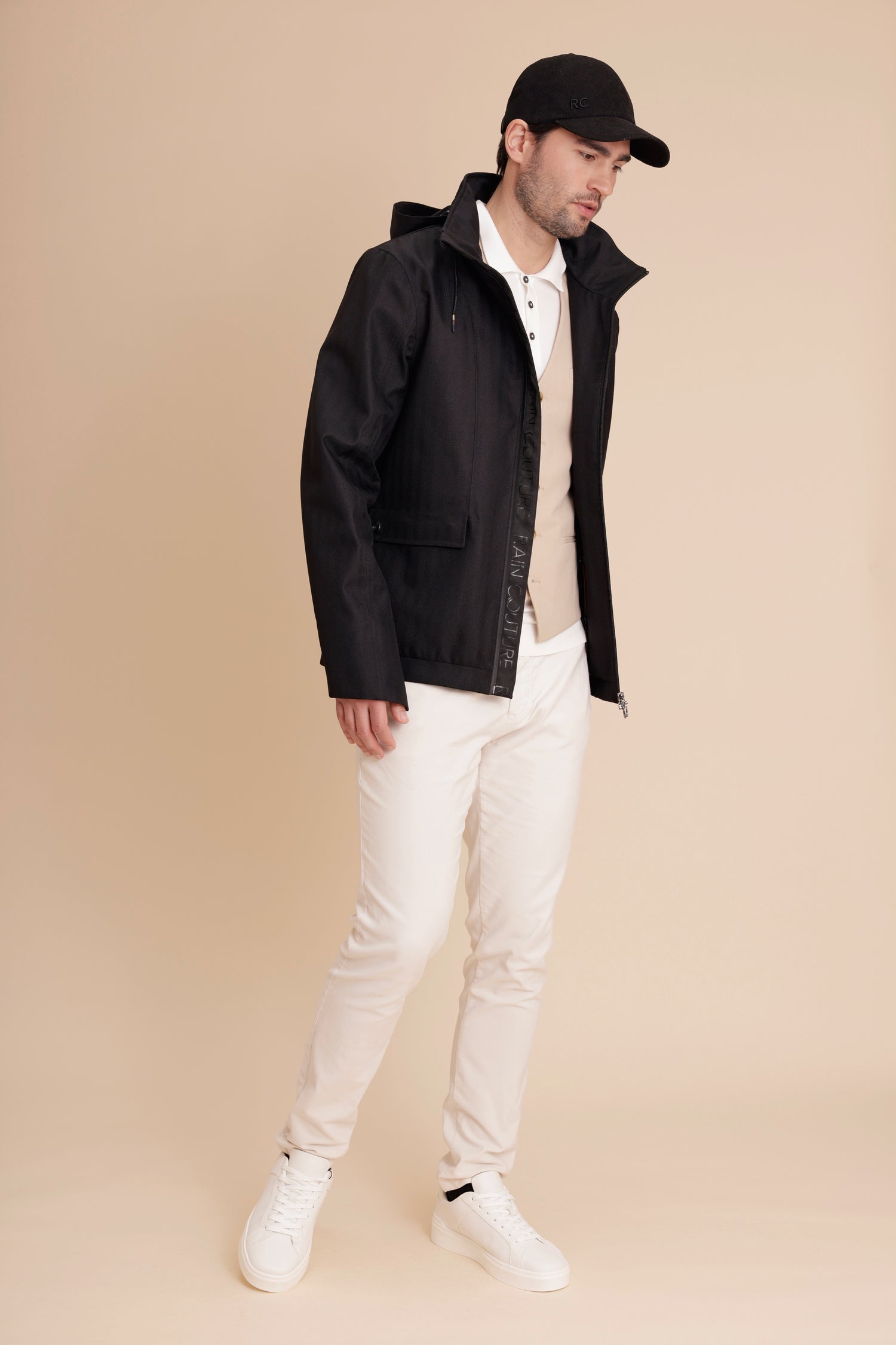 Waterproof Relaxed Fit Short Jacket  | Black Herringbone