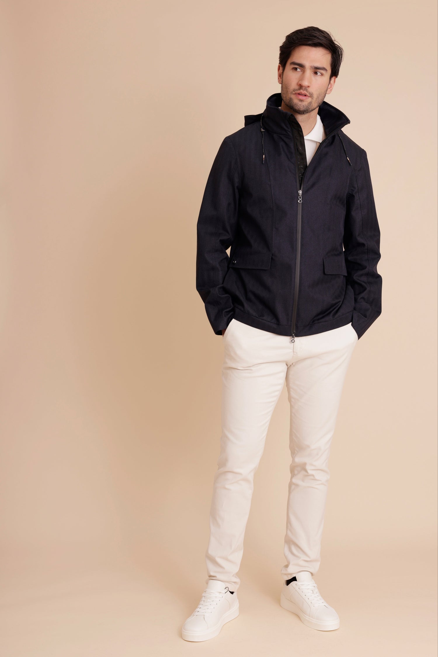 Waterproof Relaxed Fit Short Jacket  | Navy Herringbone