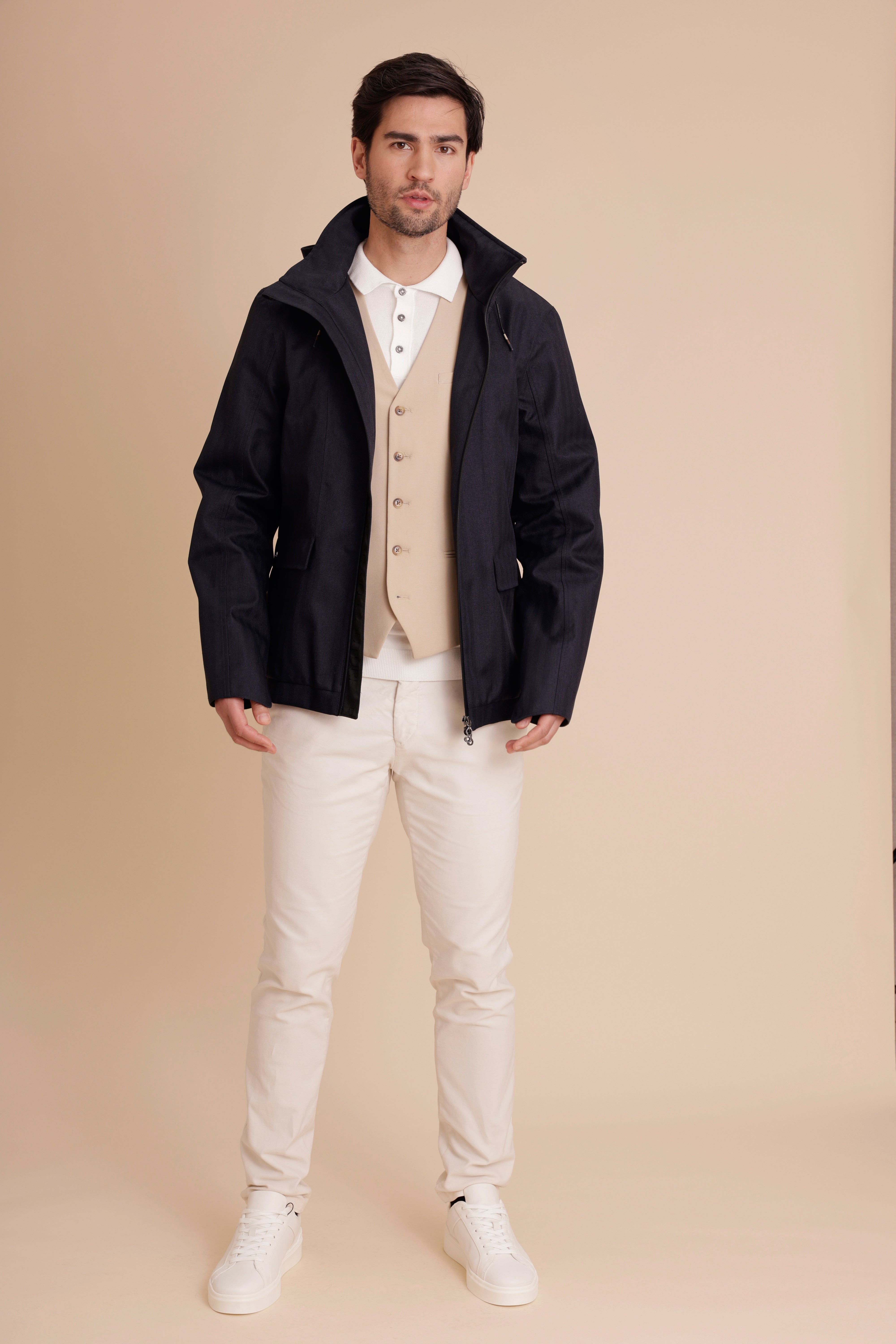 Waterproof Relaxed Fit Short Jacket  | Navy Herringbone