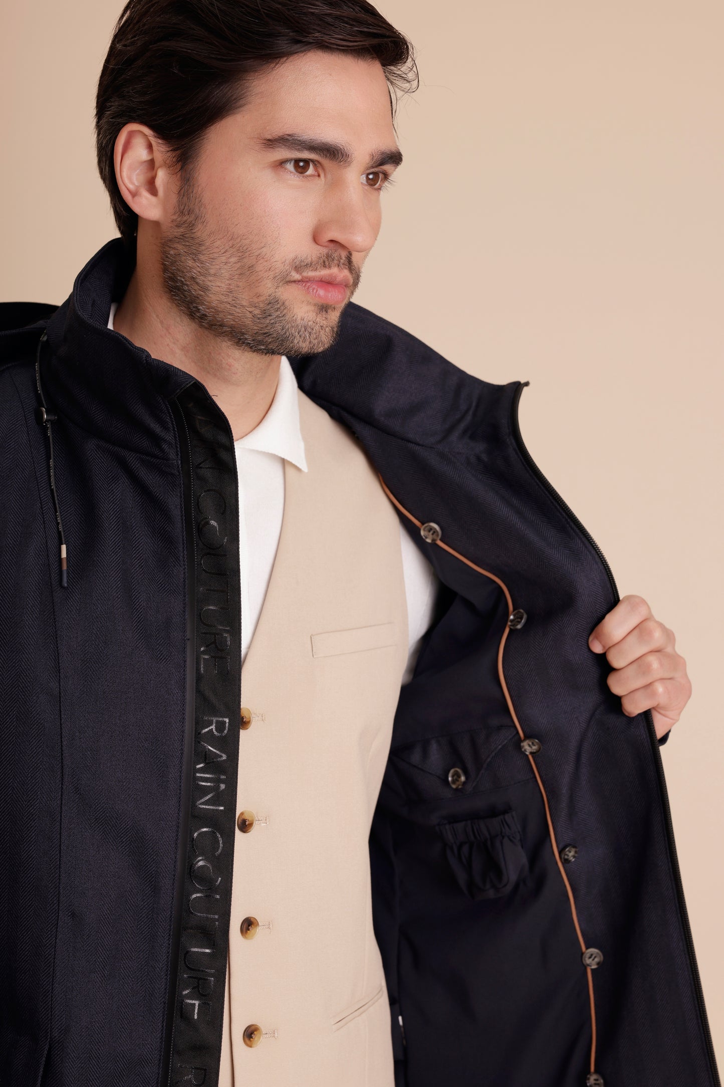 Waterproof Relaxed Fit Short Jacket  | Navy Herringbone