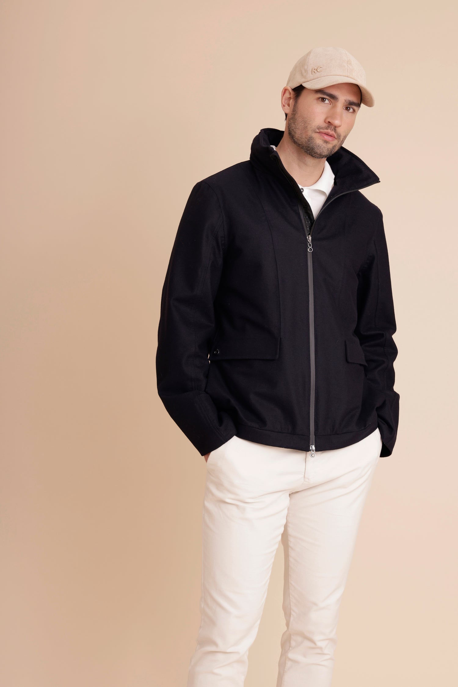 Waterproof Relaxed Fit Short Jacket  | Navy Wool