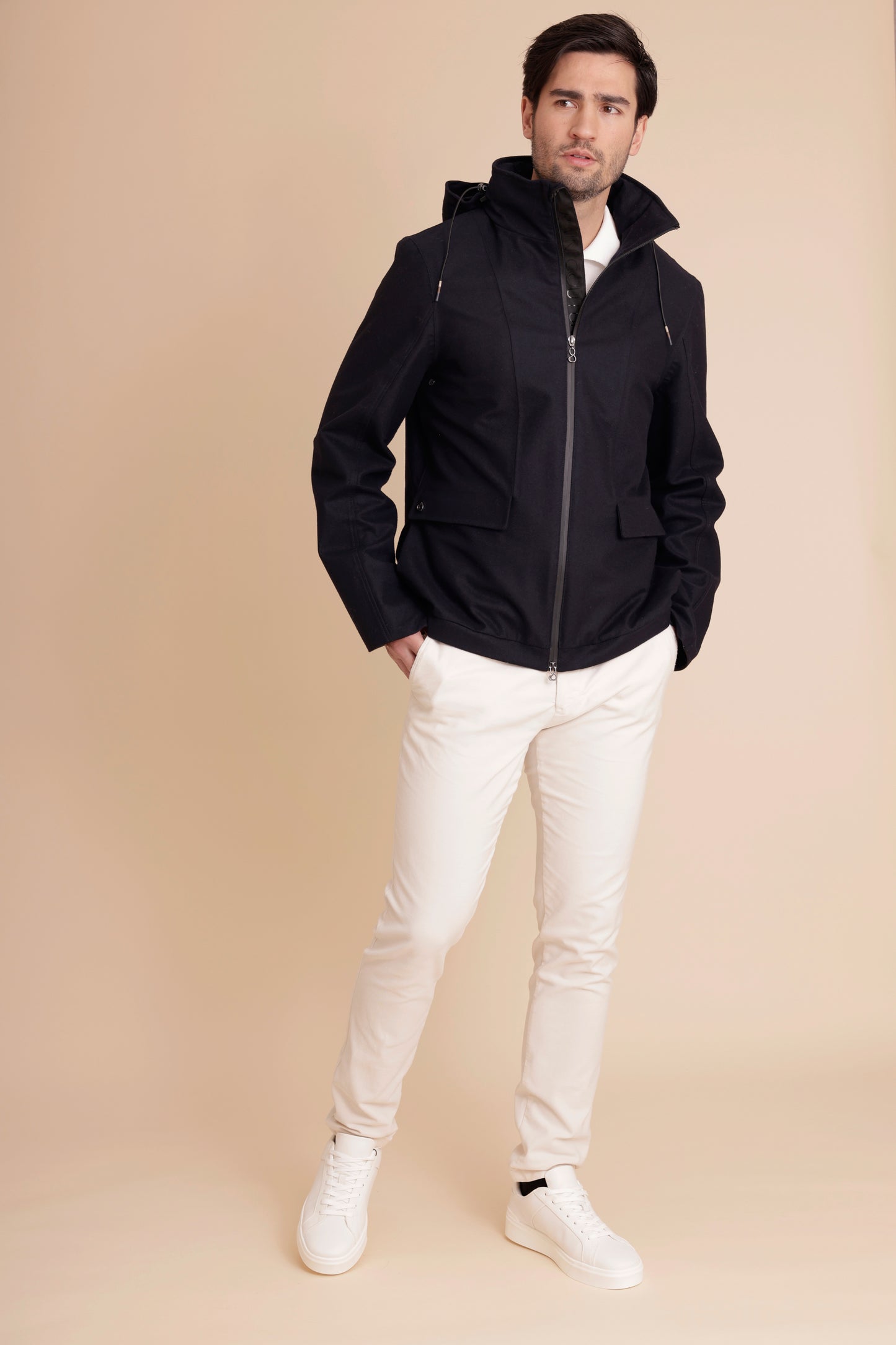 Waterproof Relaxed Fit Short Jacket  | Navy Wool