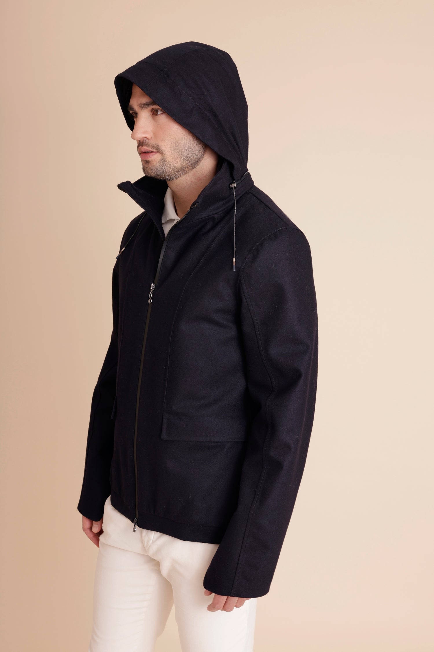 Waterproof Relaxed Fit Short Jacket  | Navy Wool