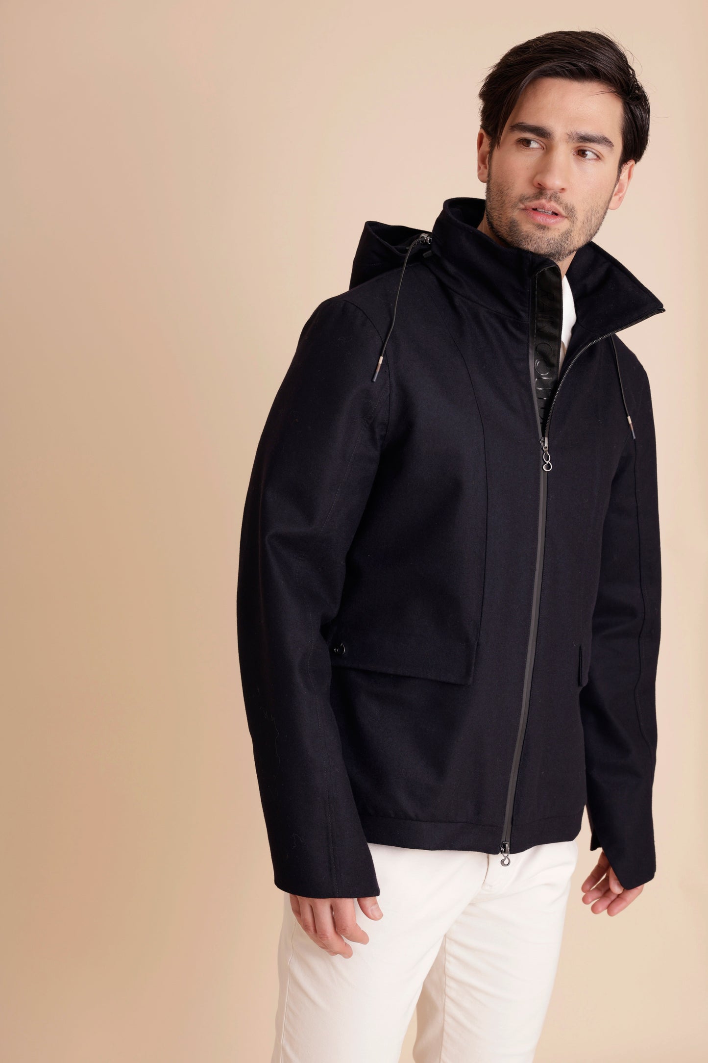 Waterproof Relaxed Fit Short Jacket  | Navy Wool