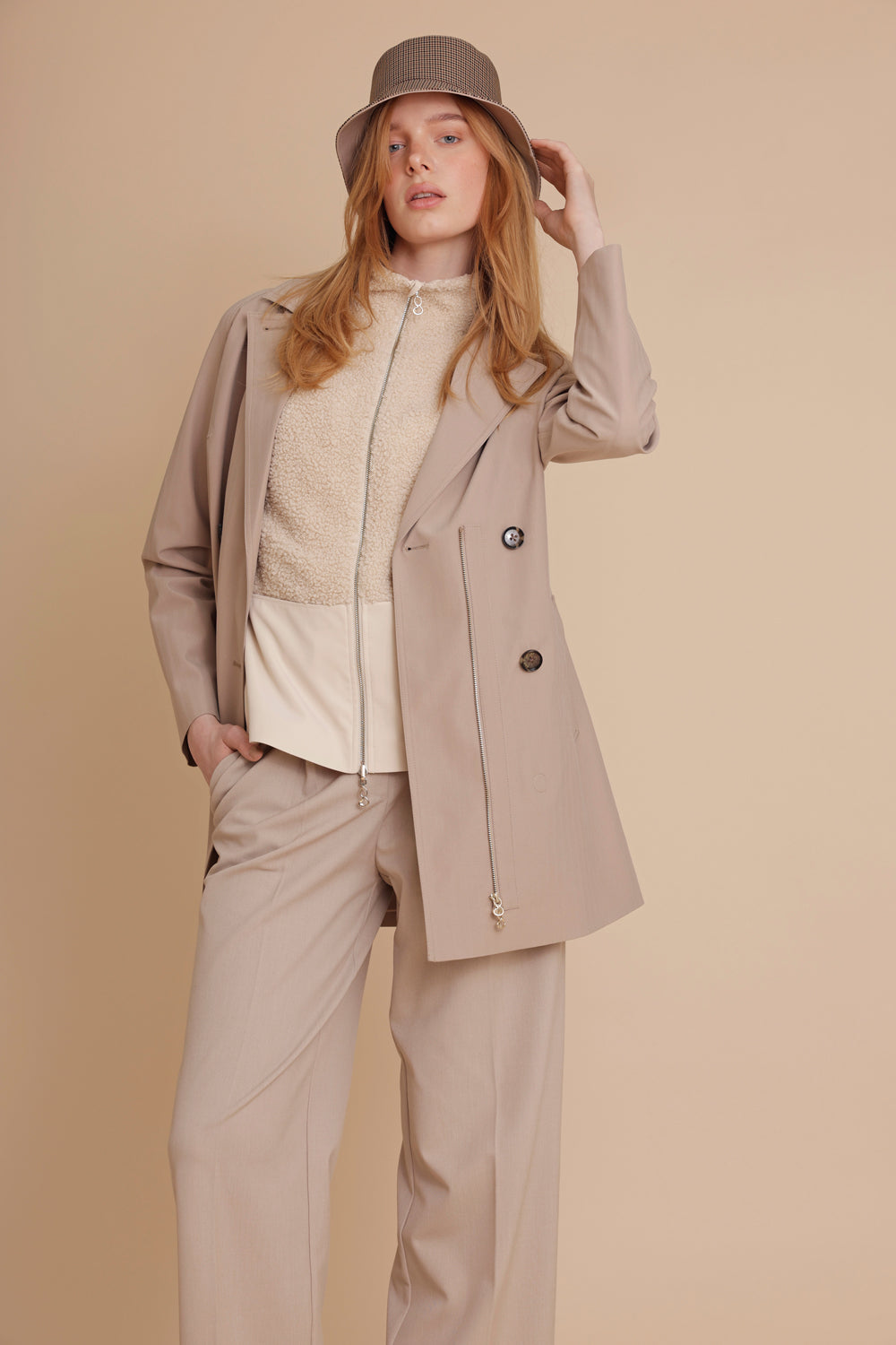 Waterproof Straight-Fit Short Trenchcoat  | Beige Herringbone