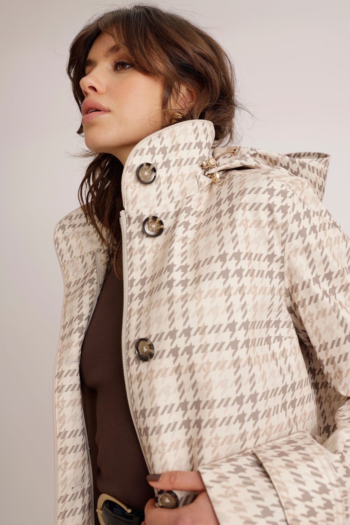 Waterdichte Korte Straight Fit Waistbelt Coat | Monogram Ruit