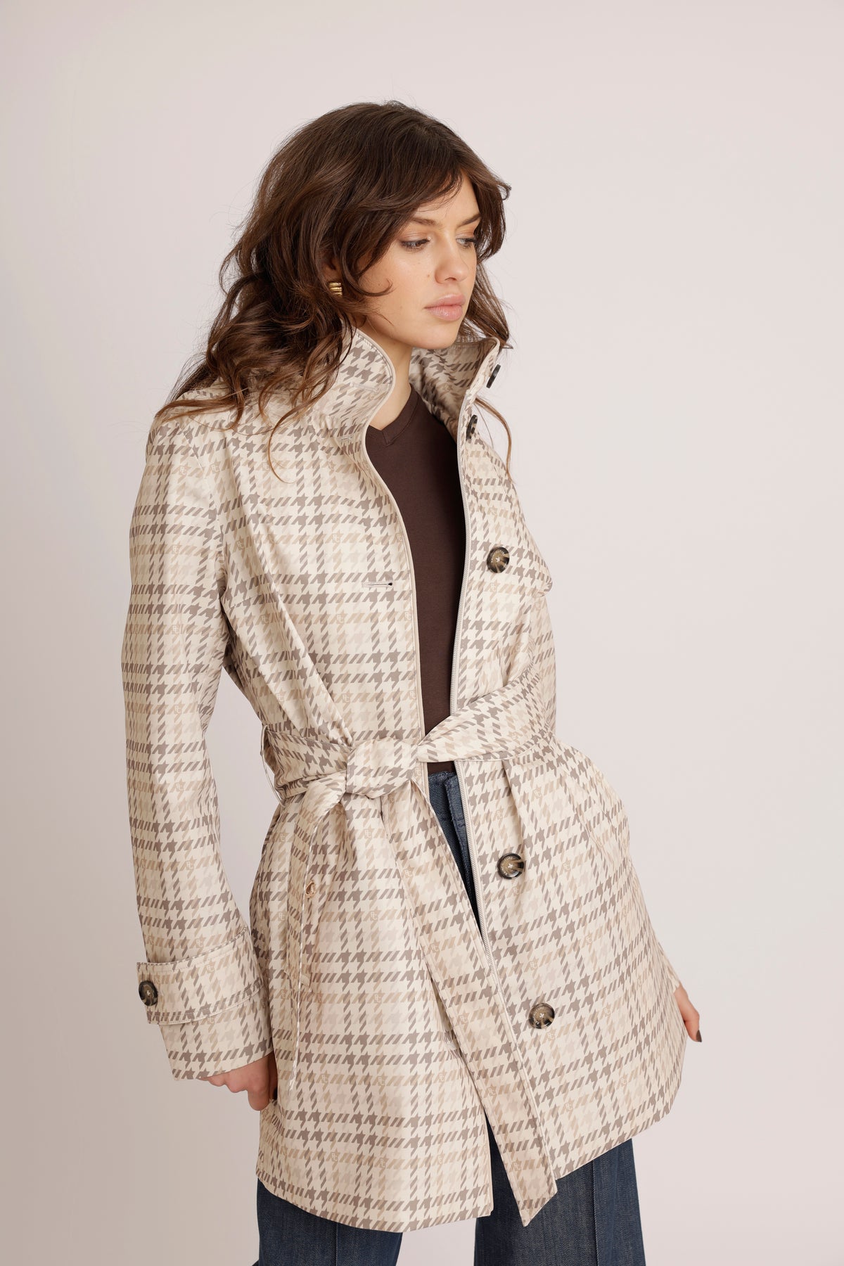 Waterdichte Korte Straight Fit Waistbelt Coat | Monogram Ruit