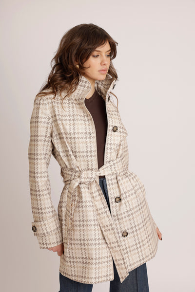 Waterdichte Korte Straight Fit Waistbelt Coat | Monogram Ruit