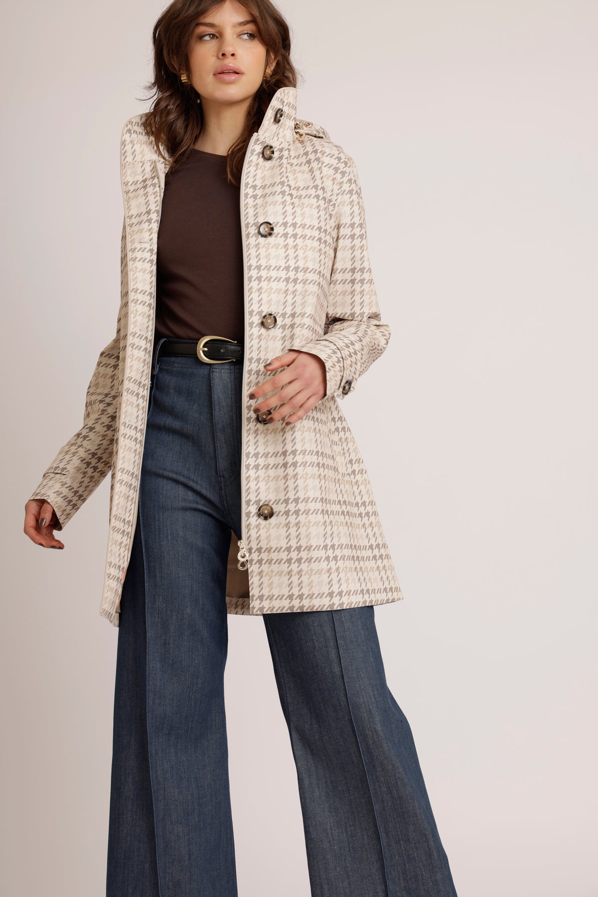 Waterdichte Korte Straight Fit Waistbelt Coat | Monogram Ruit