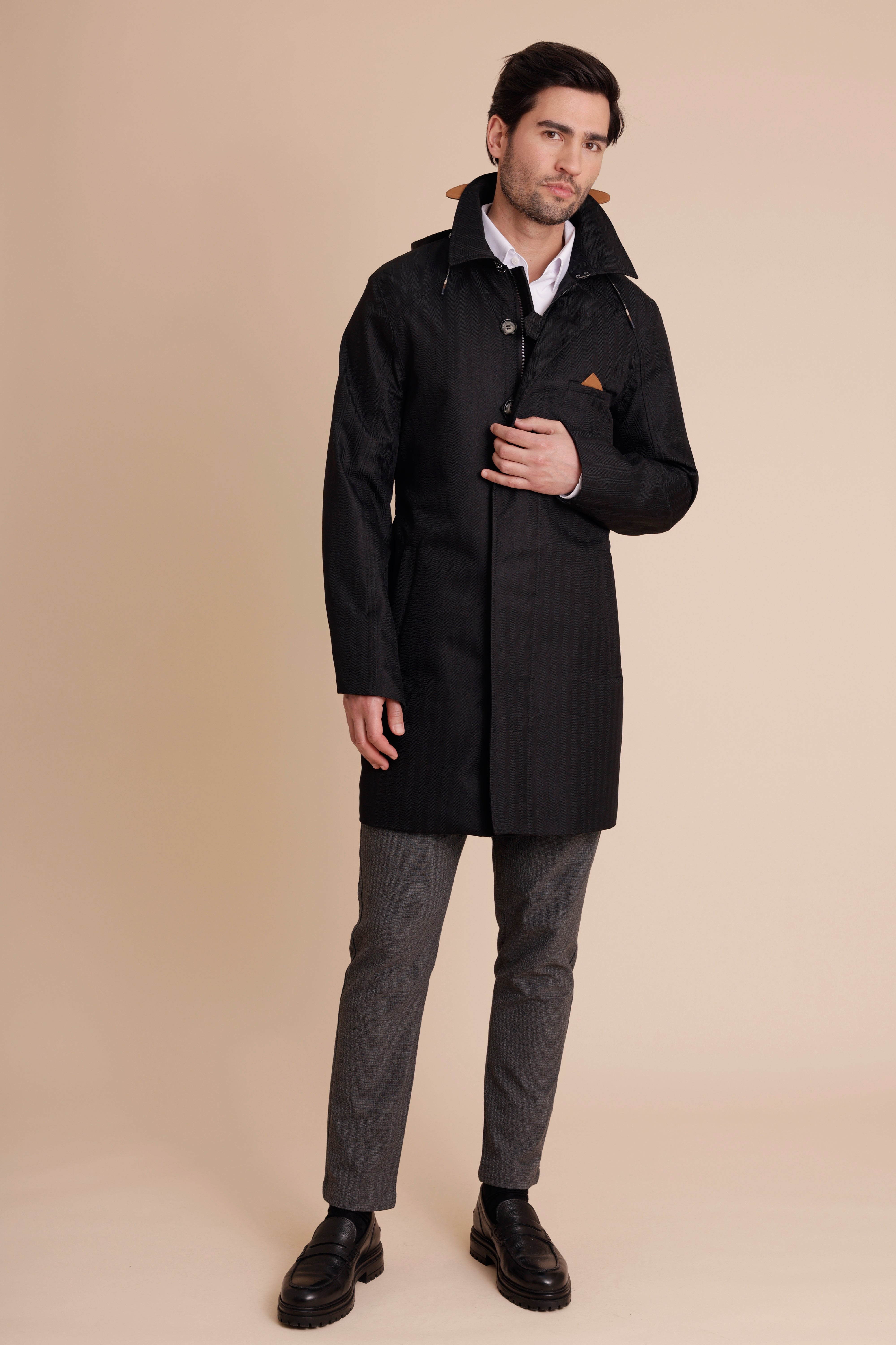 Waterproof Straight Fit Trenchcoat  | Black Herringbone