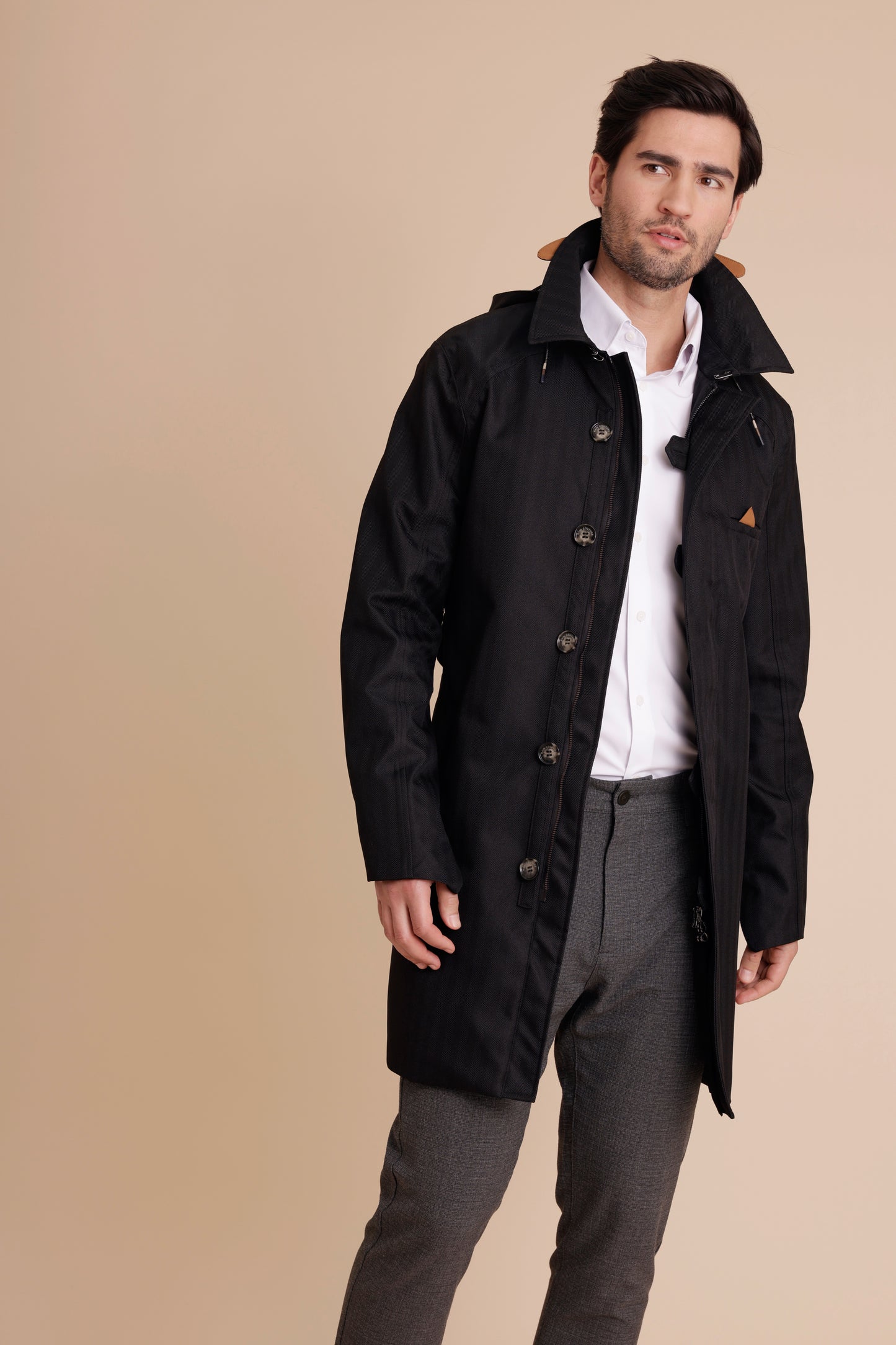 Waterproof Straight Fit Trenchcoat  | Black Herringbone