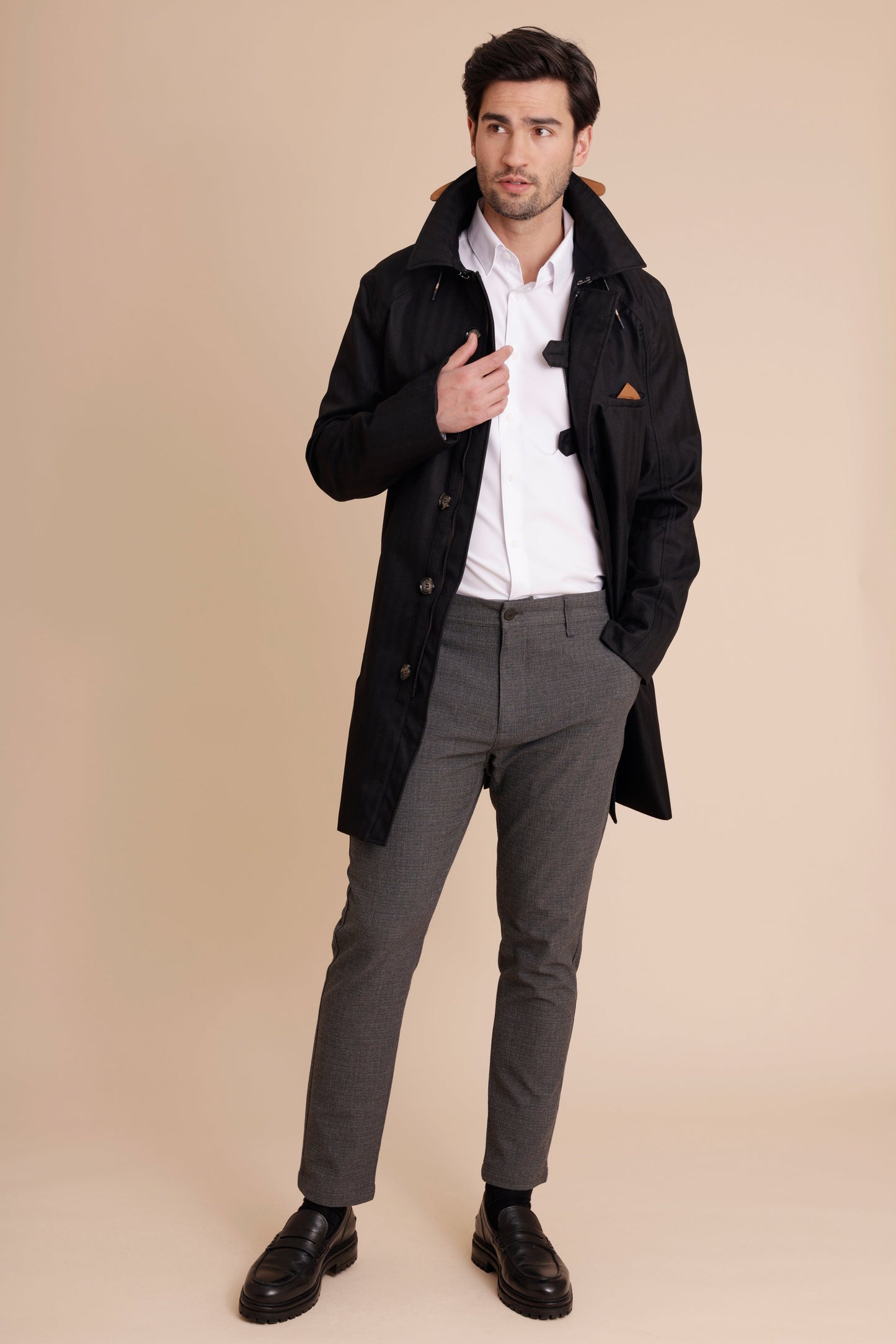 Waterproof Straight Fit Trenchcoat  | Black Herringbone