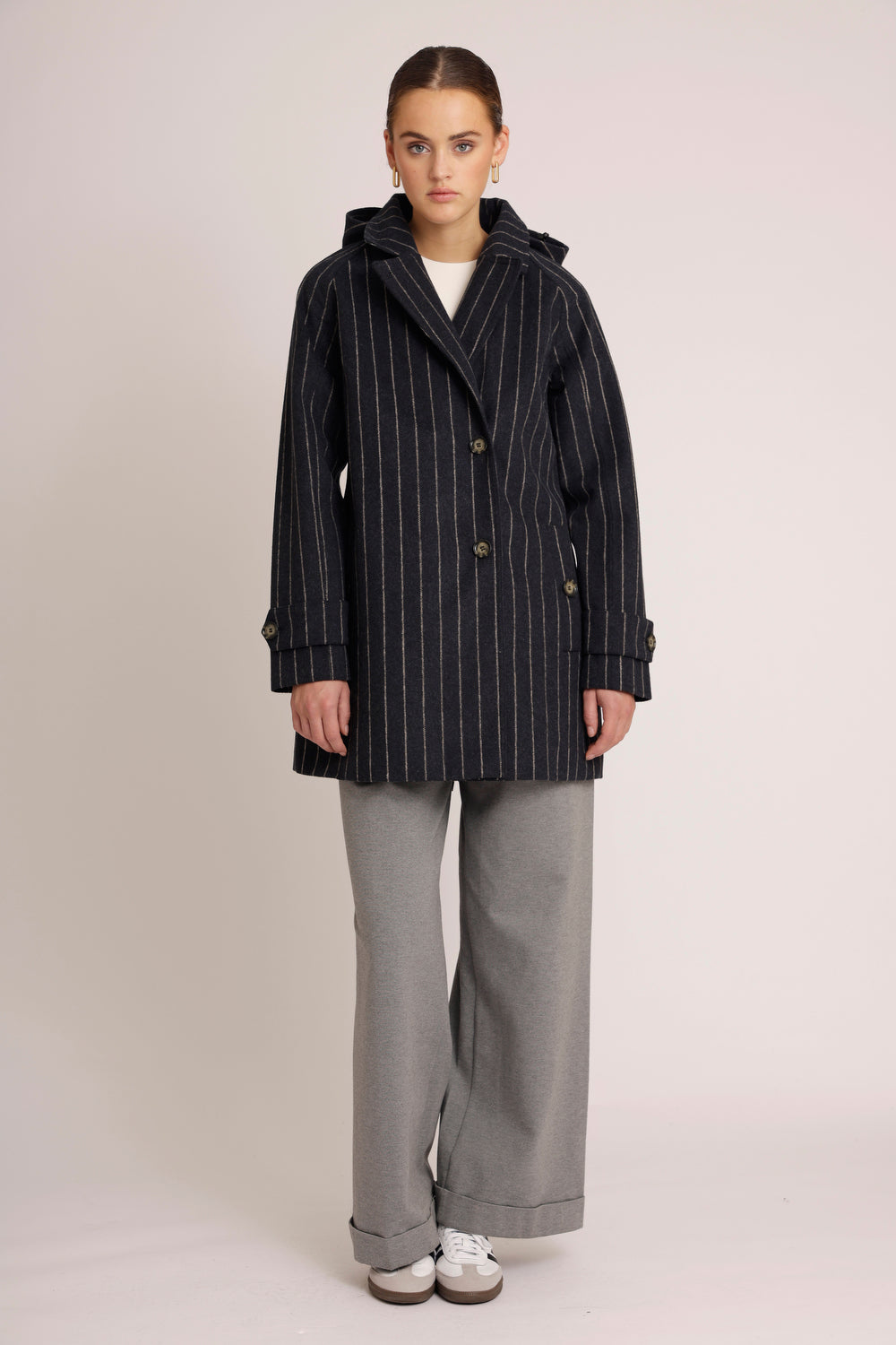 Waterproof Short Wool Coat Navy Pinstripe – Rain Couture Amsterdam