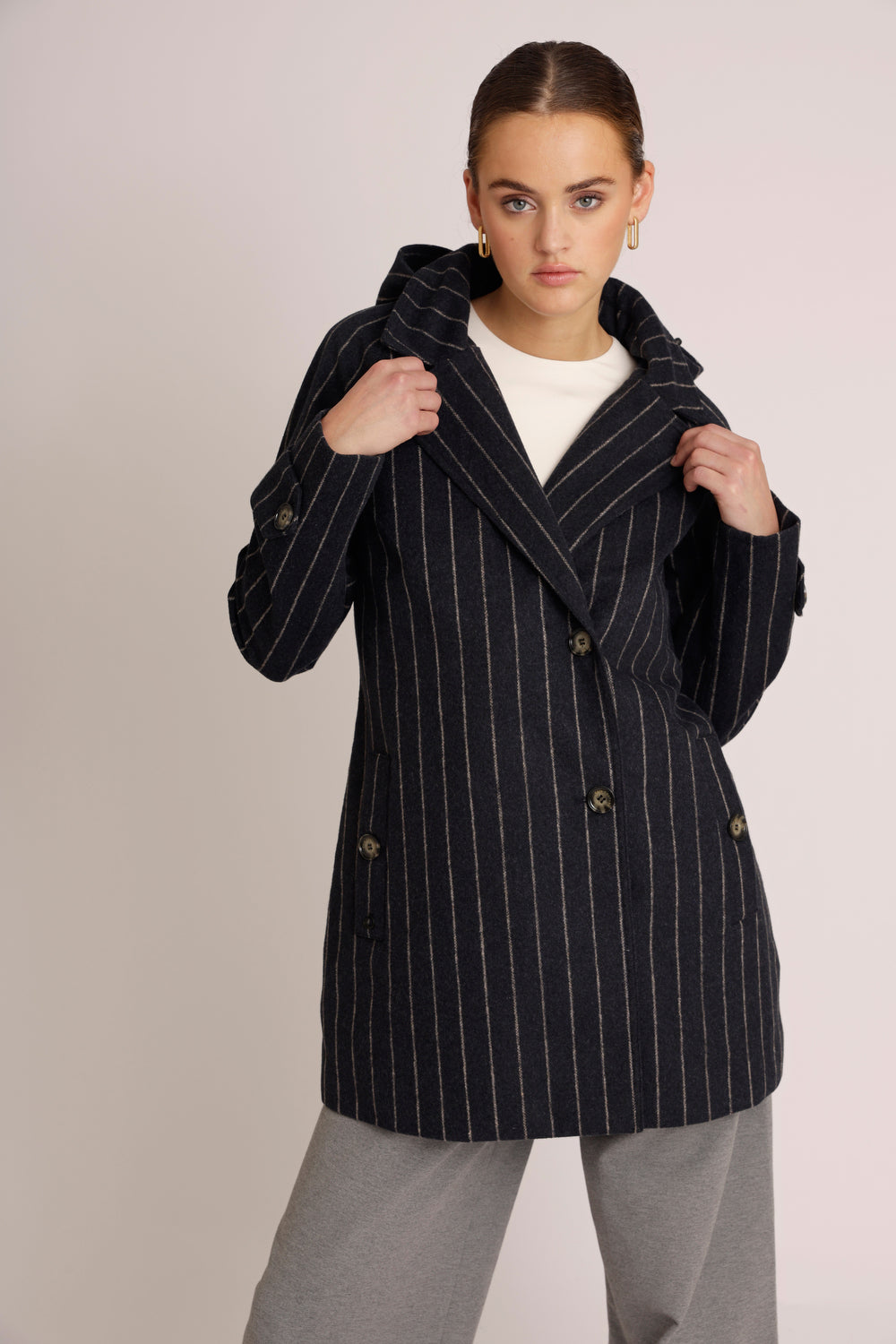 Waterproof Short Wool Coat | Navy Pinstripe