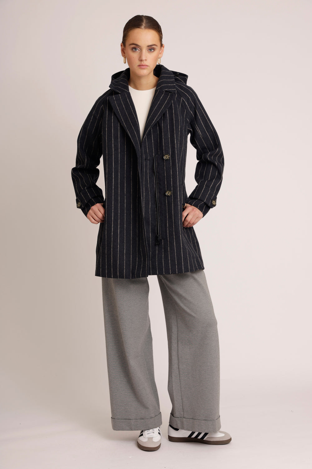 Waterproof Short Wool Coat | Navy Pinstripe