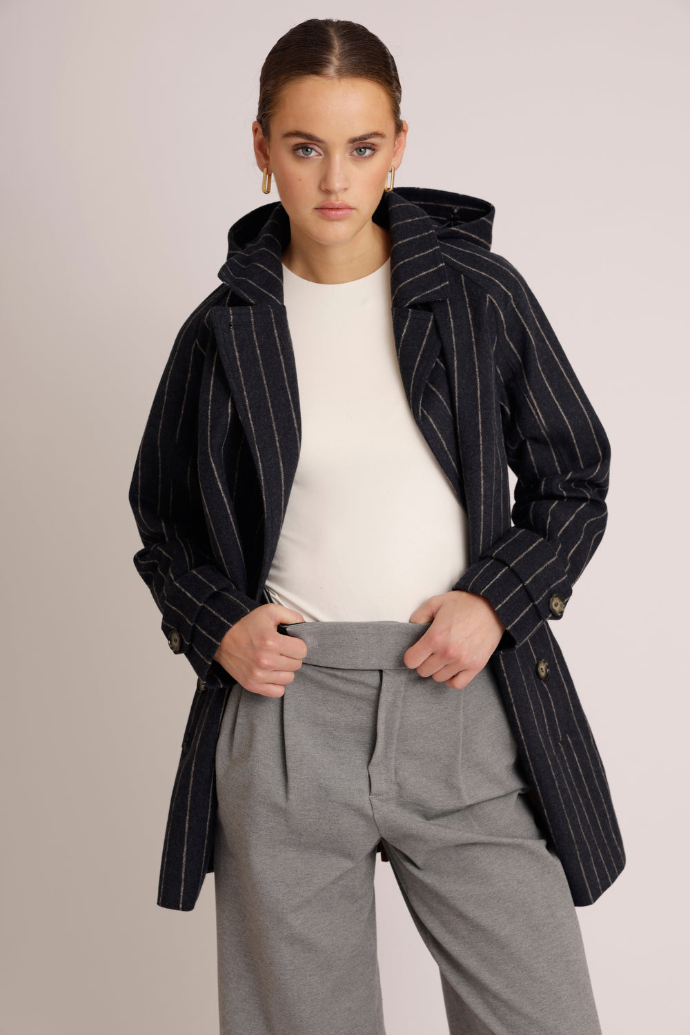 Waterproof Short Wool Coat | Navy Pinstripe