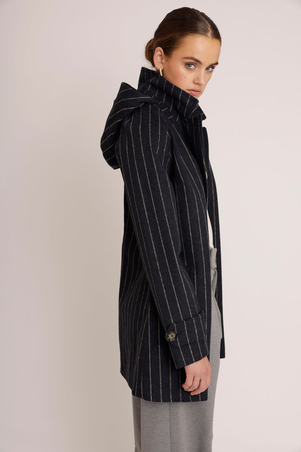 Waterproof Short Wool Coat | Navy Pinstripe