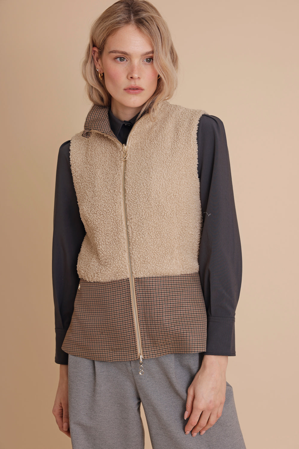 2-In-1 Teddy Jacket & Bodywarmer | Beige Houndstooth