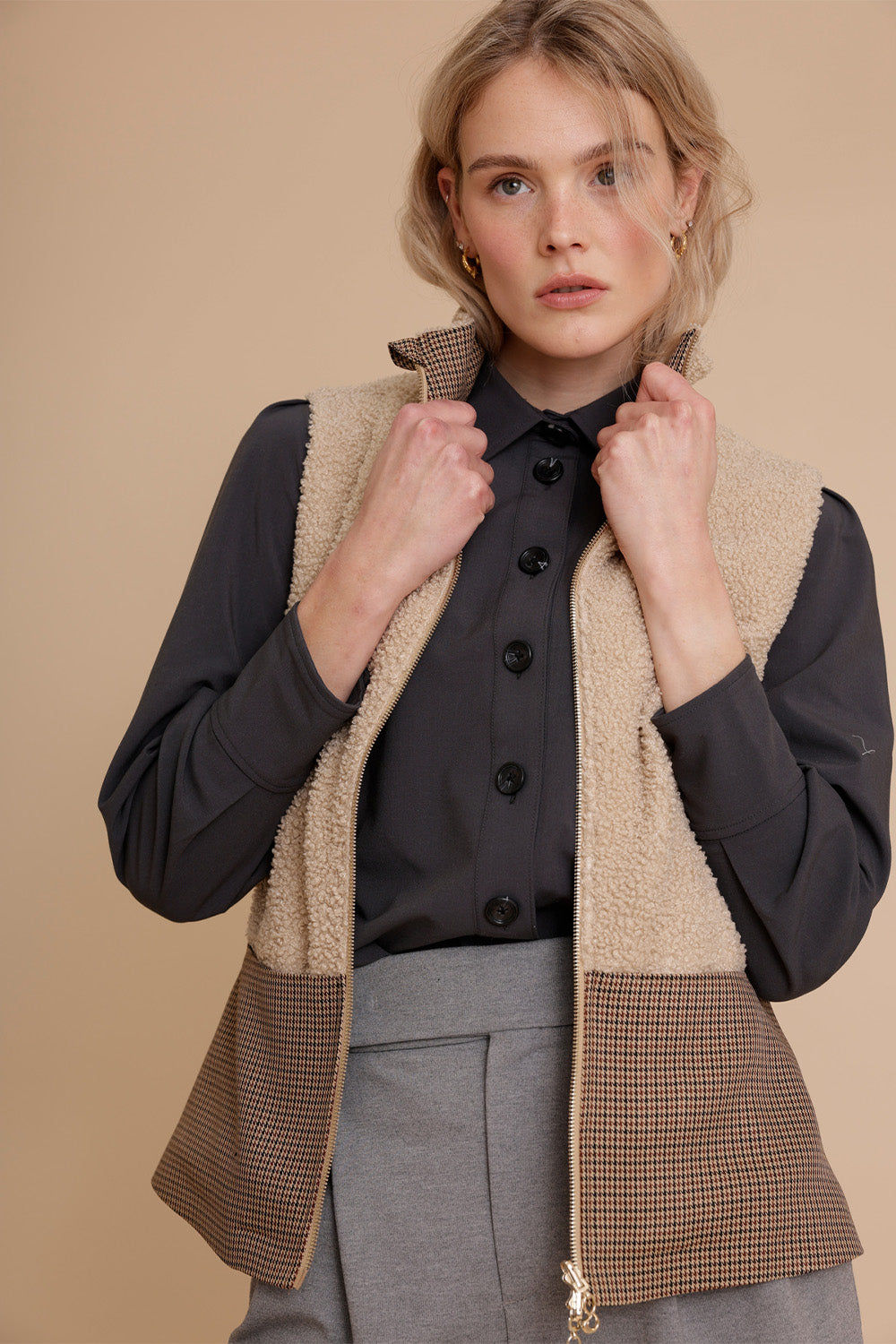 2-In-1 Teddy Jacket & Bodywarmer | Beige Houndstooth