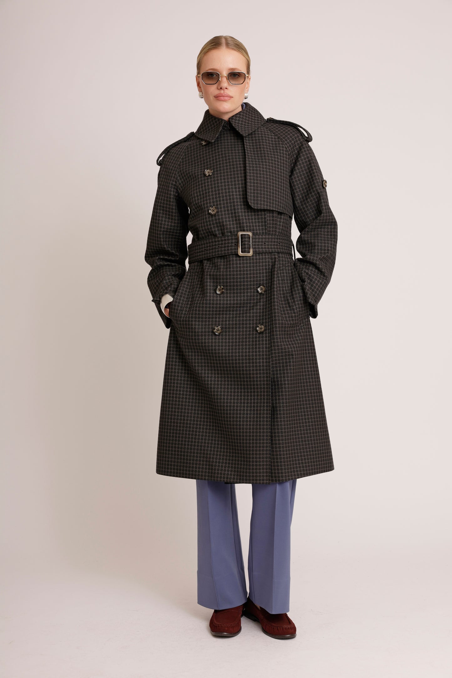 Waterproof Relaxed Fit Trenchcoat  |  Black/Brown Tweed