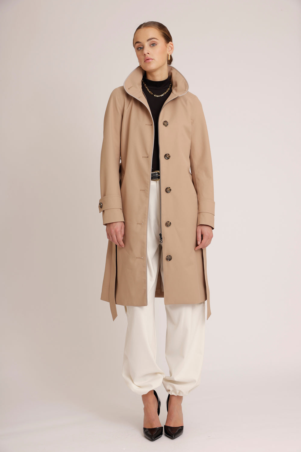 Waterproof Straight Fit Waistbelt Raincoat | Beige Matte