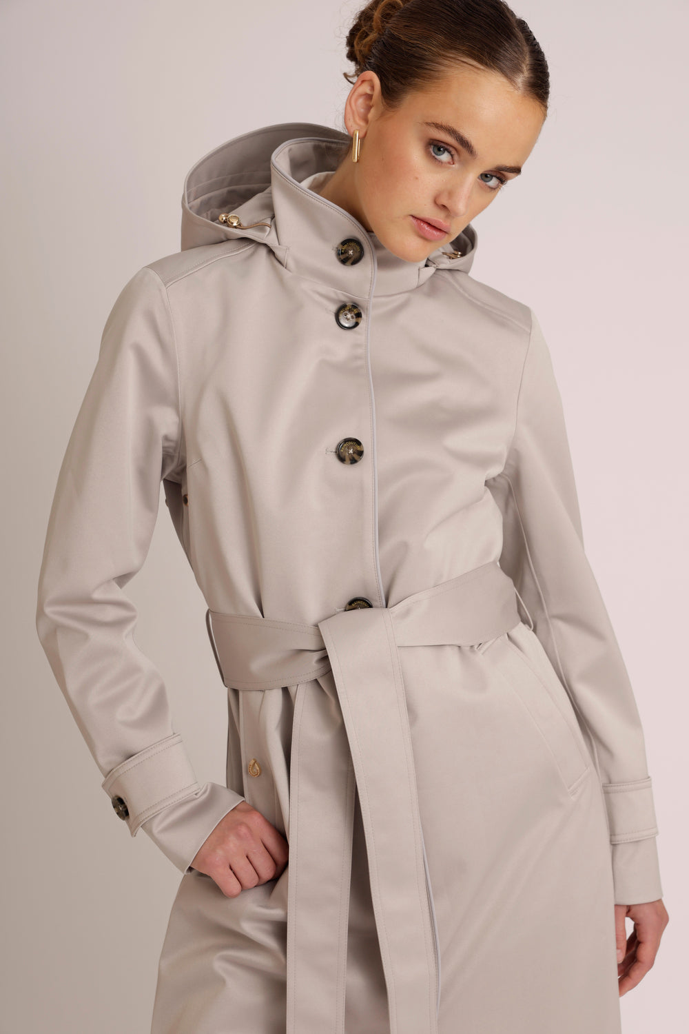 Waterproof Straight Fit Waistbelt Raincoat | Silver Gray