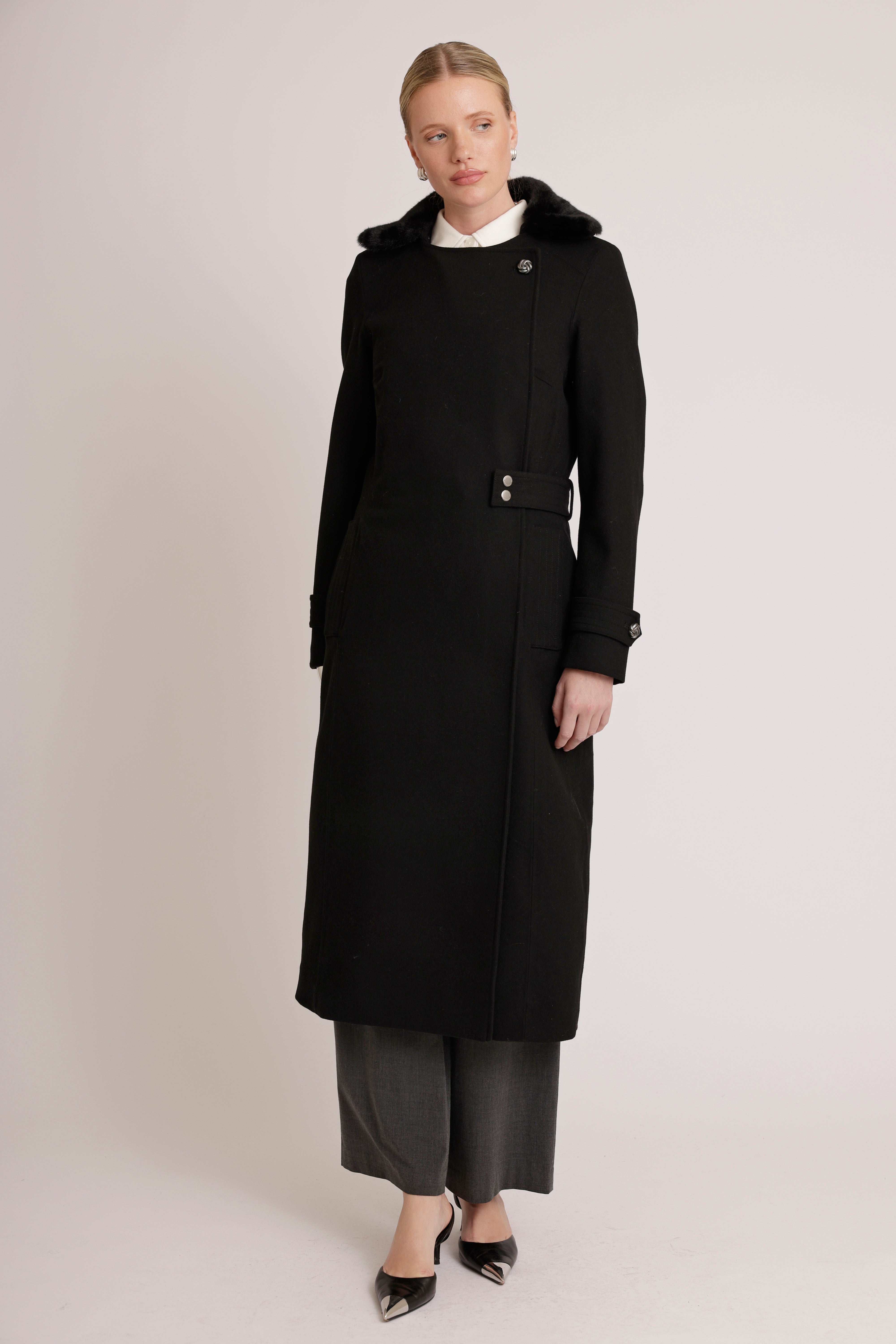 Maxi double-breasted wikkeljas - Black Wool Stripe