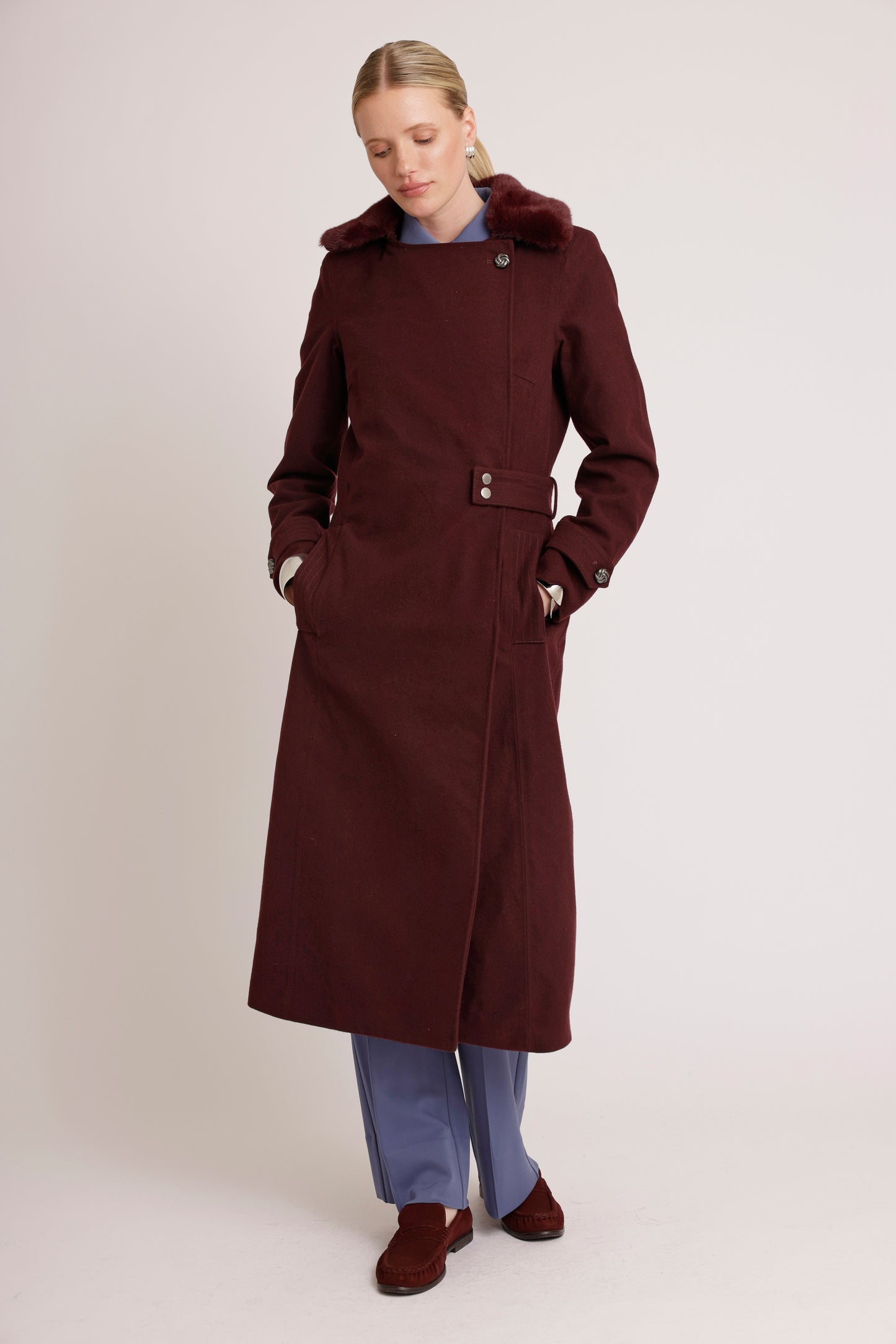 Waterproof Wool - Fur Trench  | Burgundy