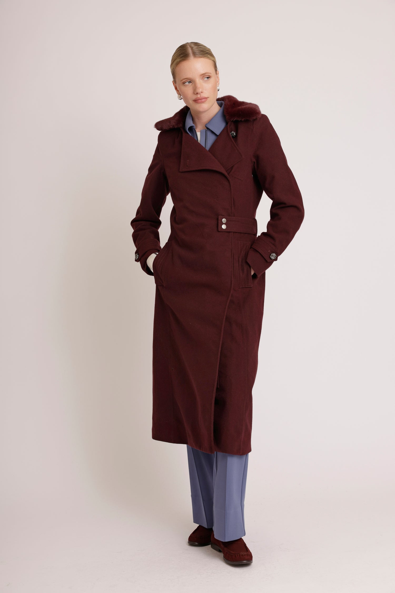 Waterproof Wool - Fur Trench  | Burgundy