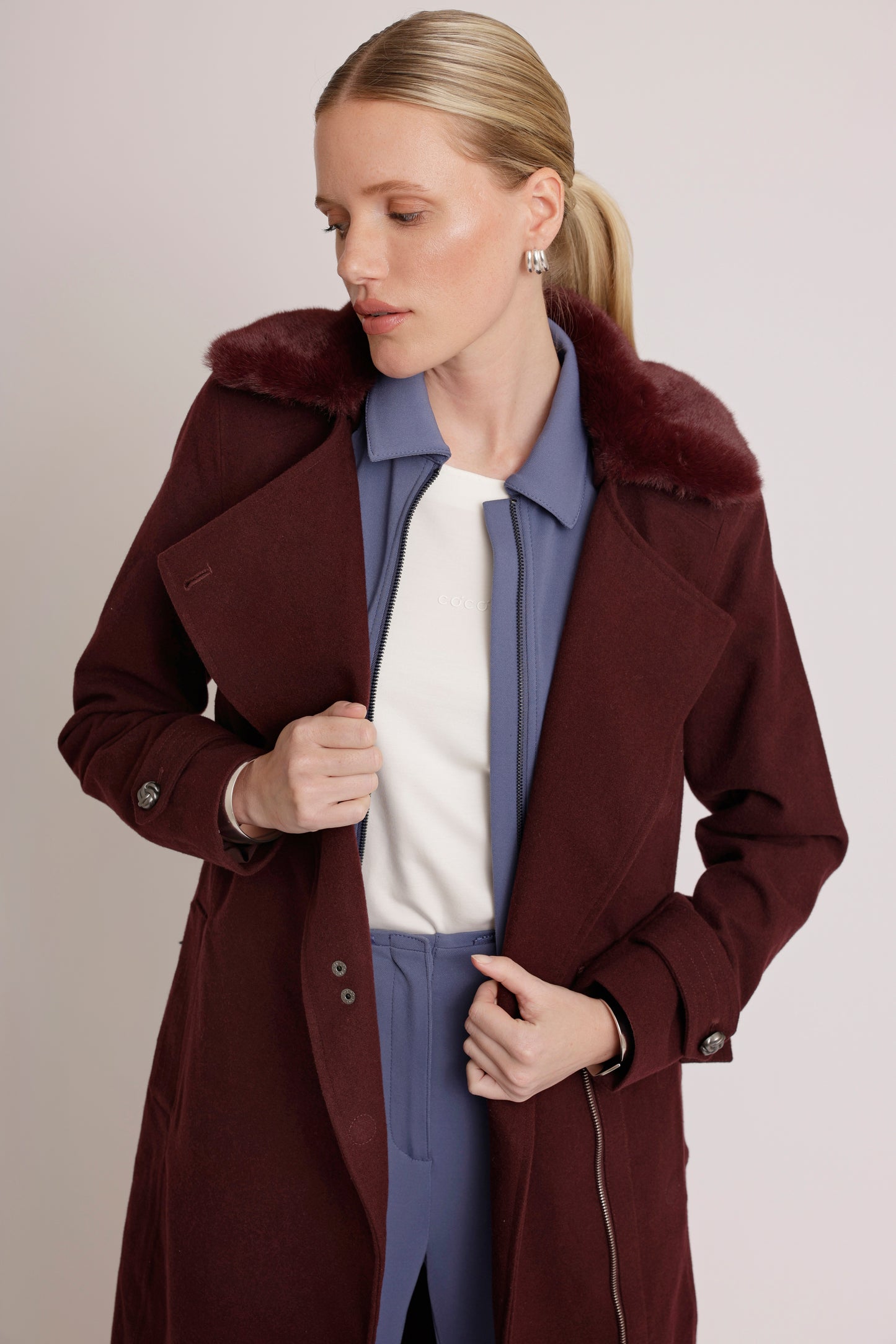 Waterproof Wool - Fur Trench  | Burgundy
