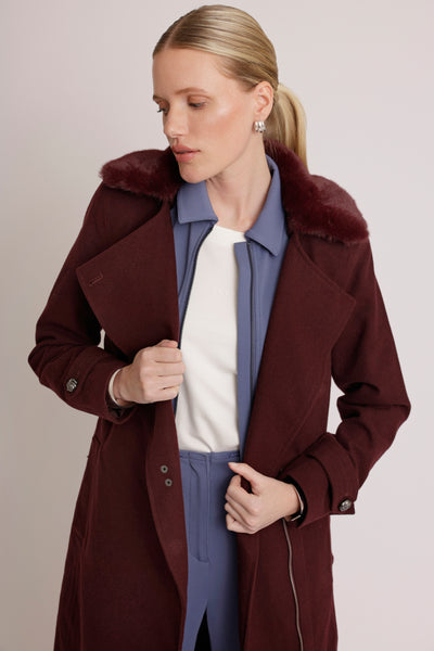 Waterproof Wool - Fur Trench  | Burgundy