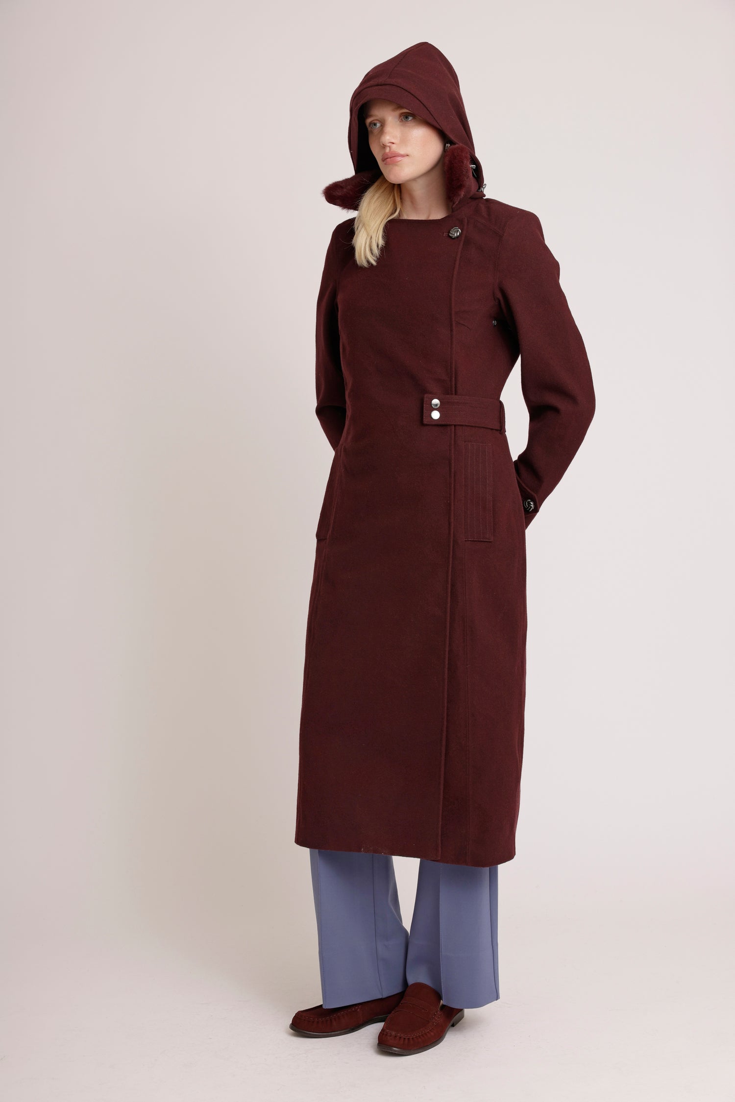 Waterproof Wool - Fur Trench  | Burgundy