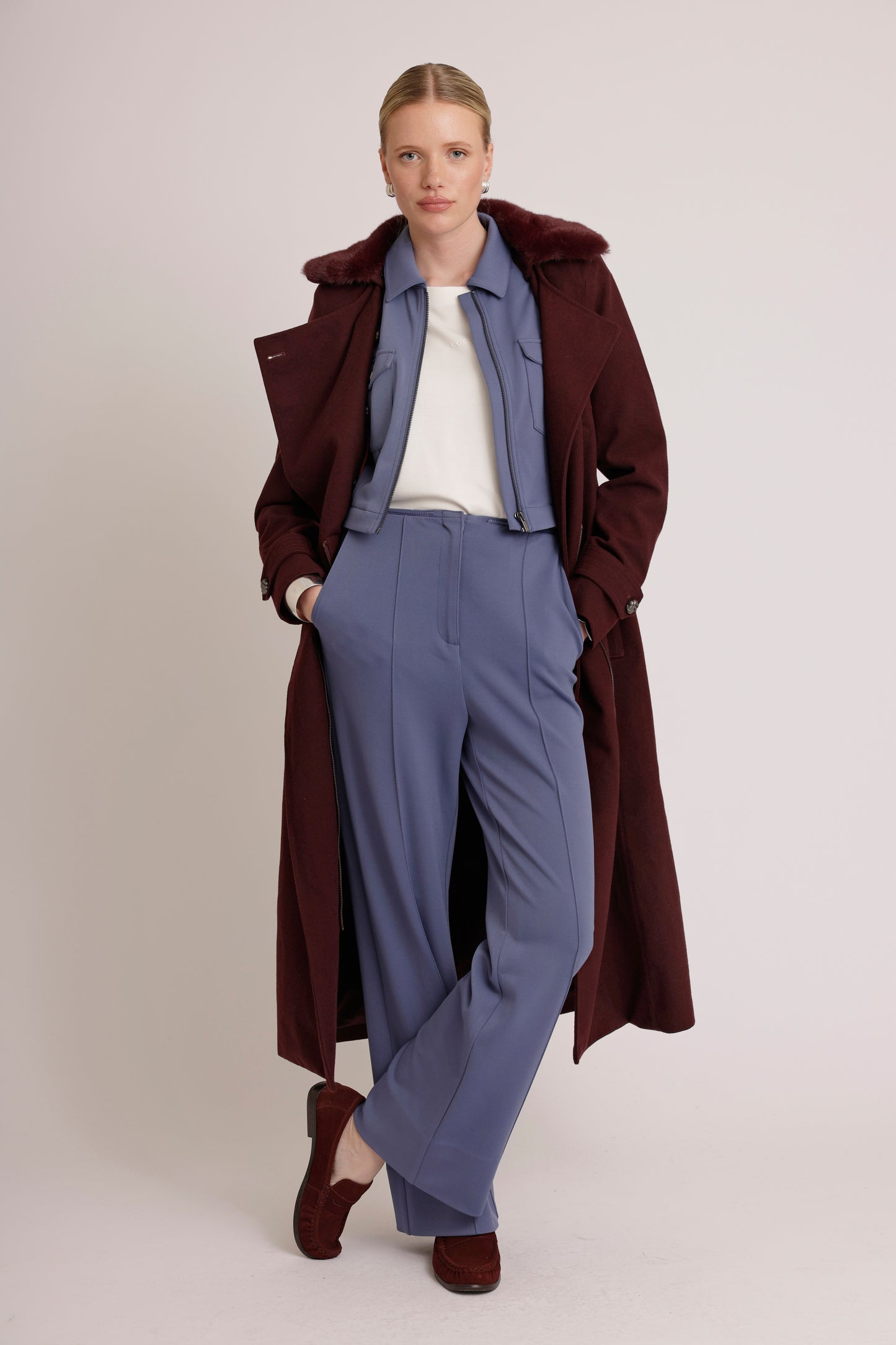 Waterproof Wool - Fur Trench  | Burgundy