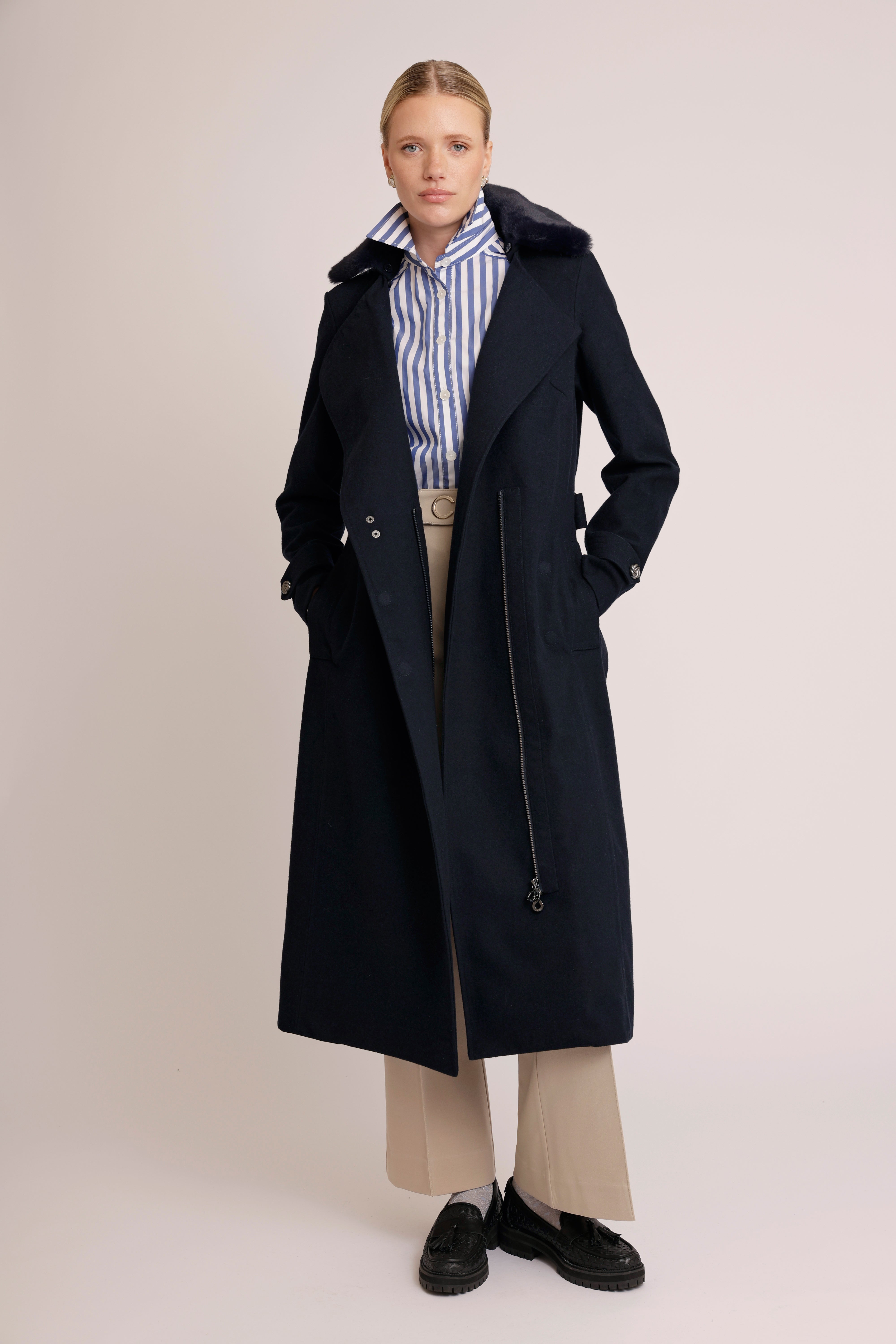 Waterproof Wool - Fur Trench  | Navy