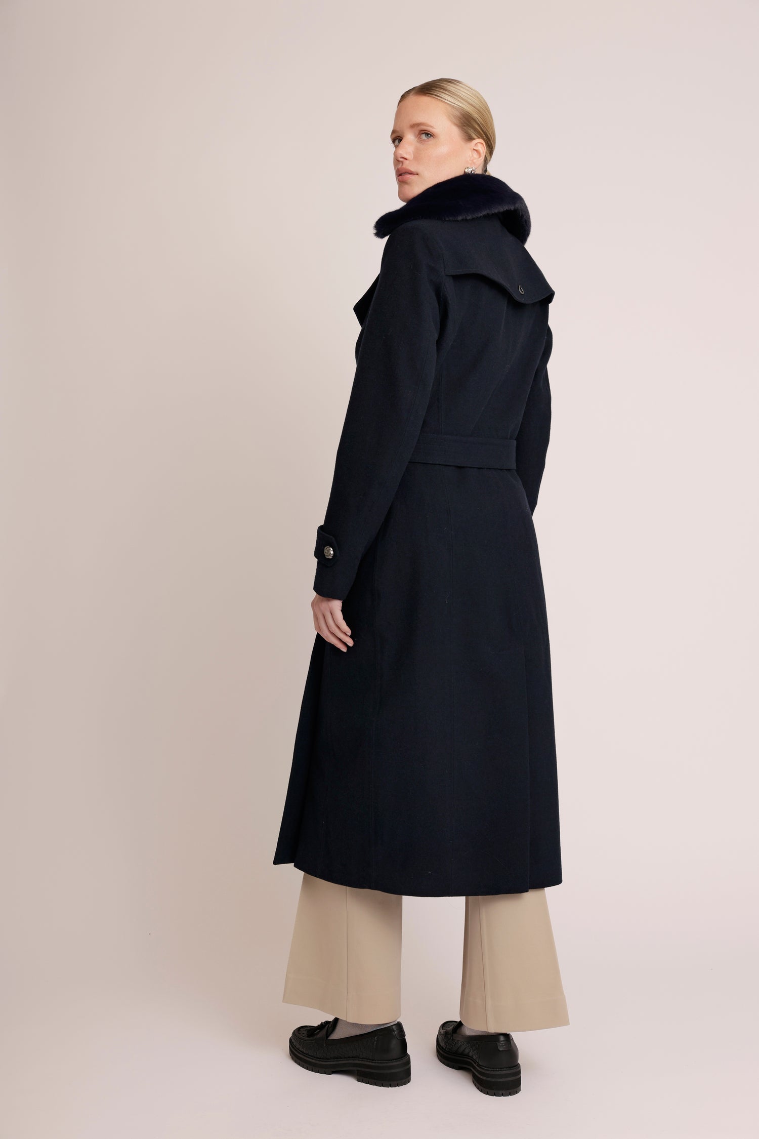 Waterproof Wool - Fur Trench  | Navy
